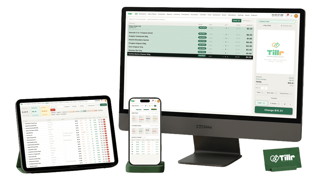 Tillr running on a touchscreen POS terminal, a tablet, and a phone