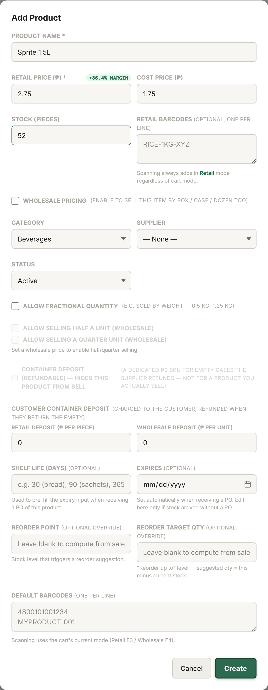 The Add Product form in Tillr, with name, pricing, stock, category, and deposit fields