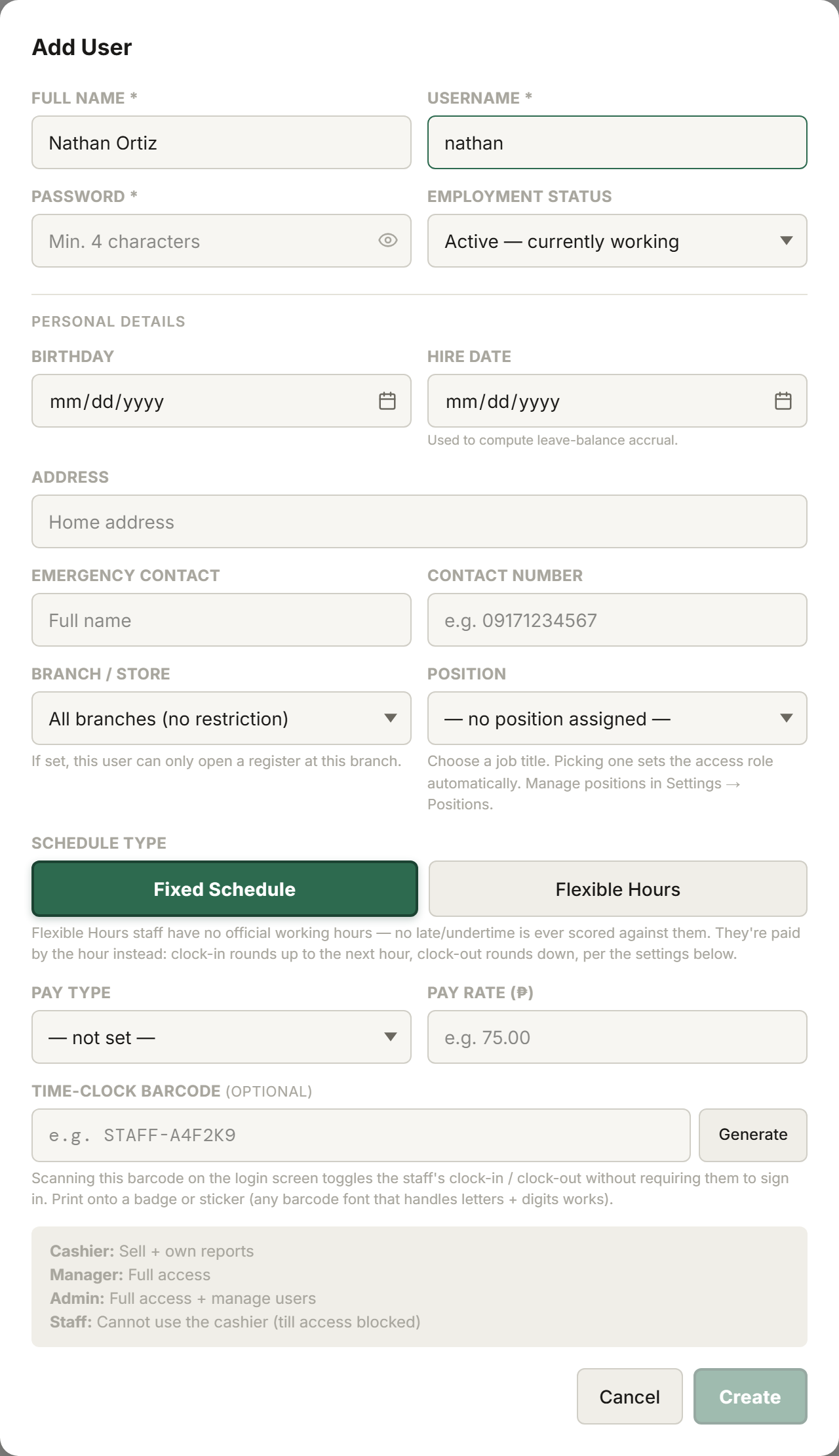 The Add User form with fields for personal details, branch, position, and schedule type