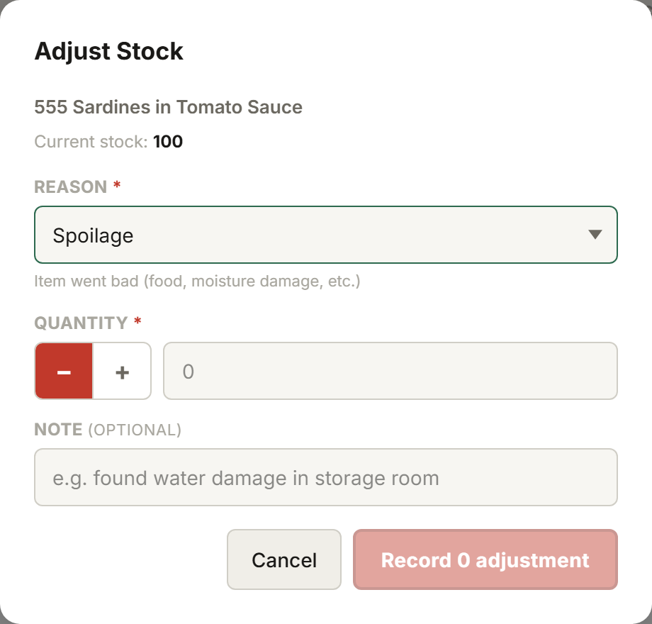 Tillr's stock Adjust modal with a reason dropdown and quantity field