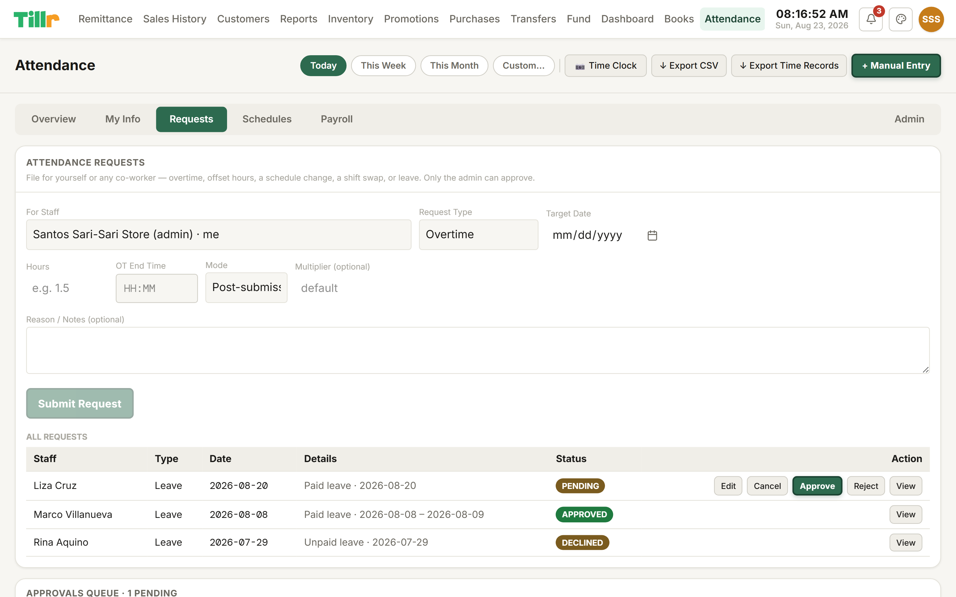 Tillr's Attendance Requests tab with an Overtime request form and a list of past requests showing pending, approved, and declined status