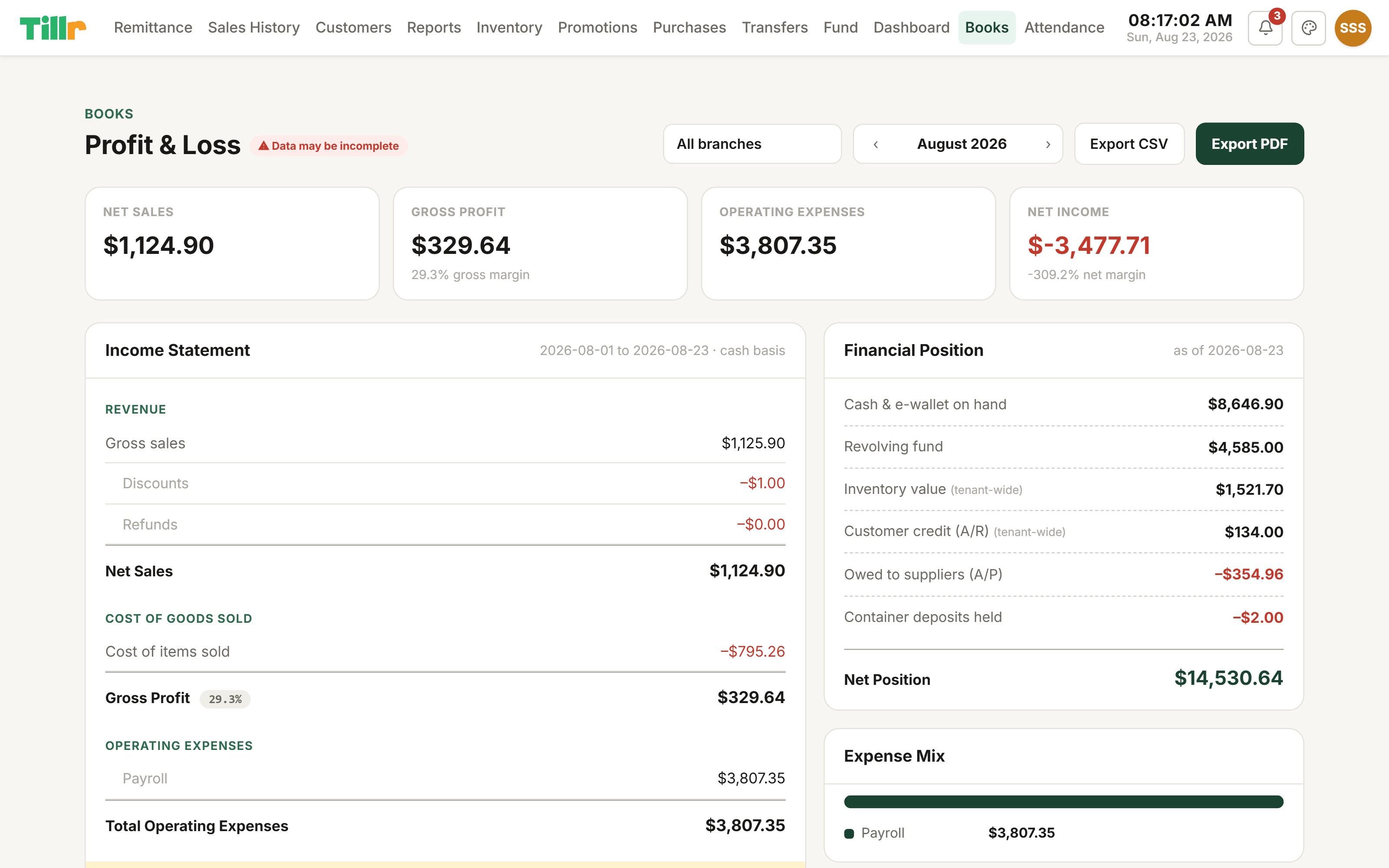 Tillr's Books page showing a Profit and Loss statement with an income statement and a Financial Position panel