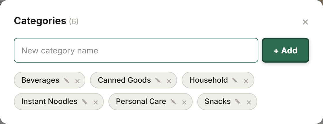 Tillr's Categories panel listing product categories with add and remove controls