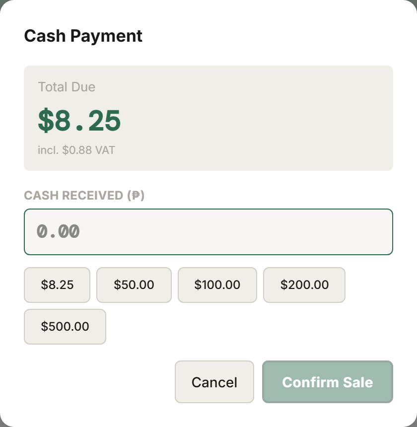 Tillr's checkout screen with cash and e-wallet payment options and a Charge button