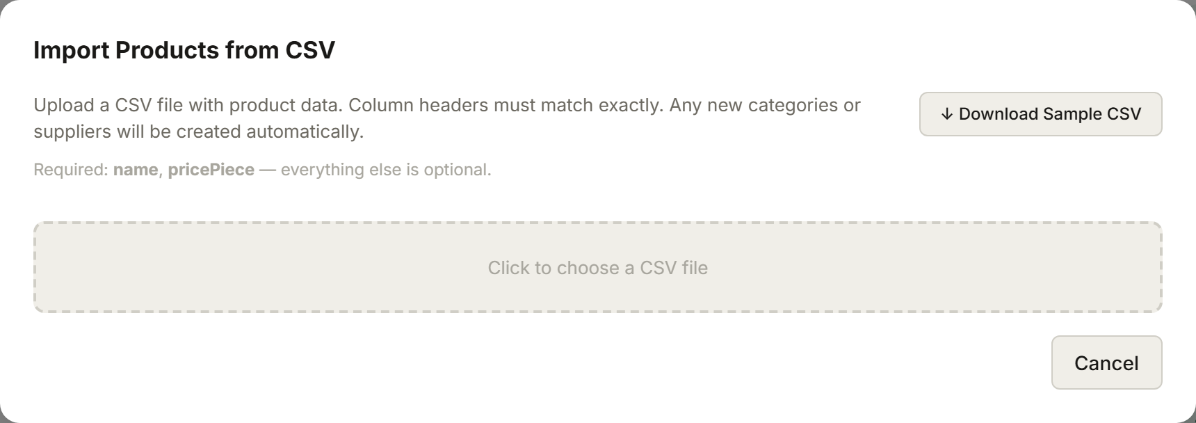Tillr's CSV Import modal for bulk-adding products from a spreadsheet