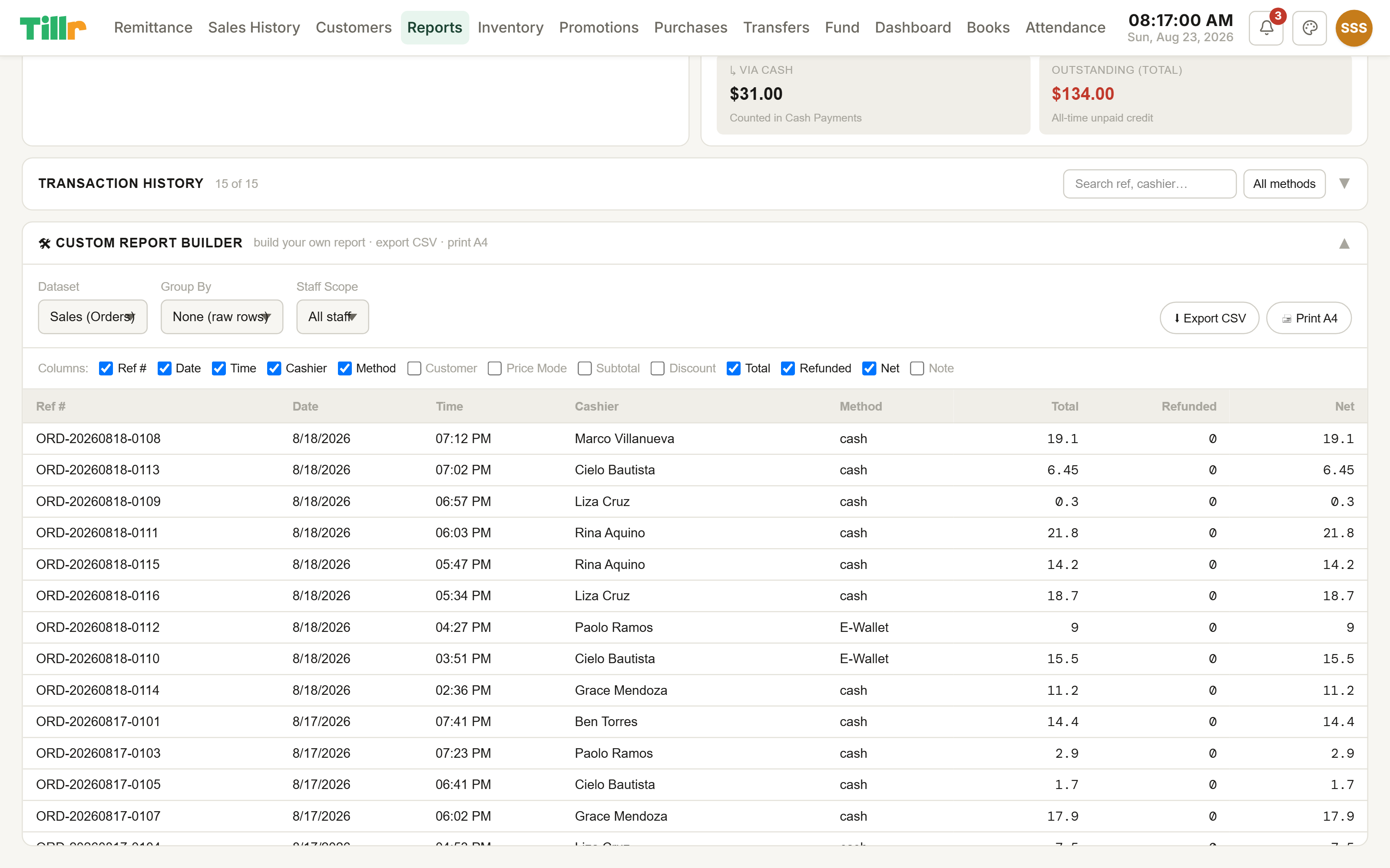 Tillr's Custom Report Builder with a Sales dataset, column checkboxes, and a raw transaction table