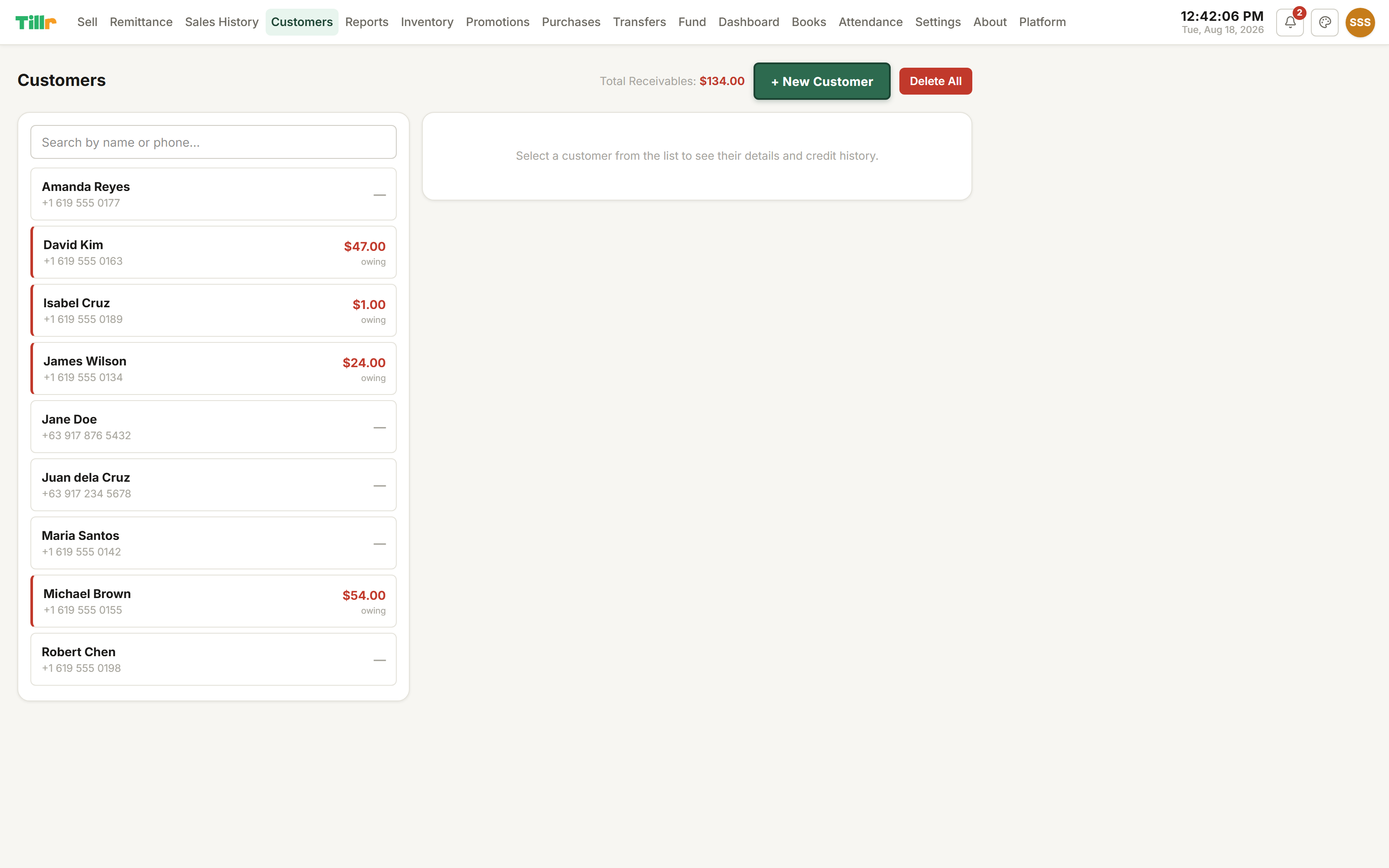 Tillr's Customers page listing customer profiles