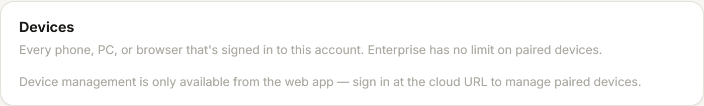 Tillr's Devices settings panel listing every device that has logged into the account
