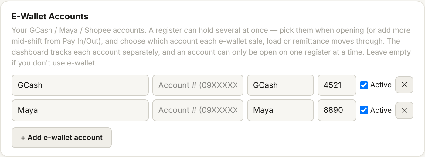 Tillr's E-Wallet Accounts settings panel listing e-wallet accounts