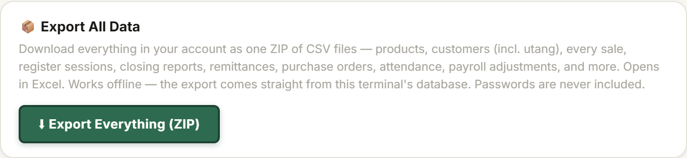 Tillr's Export Everything and Sign Out options in Settings