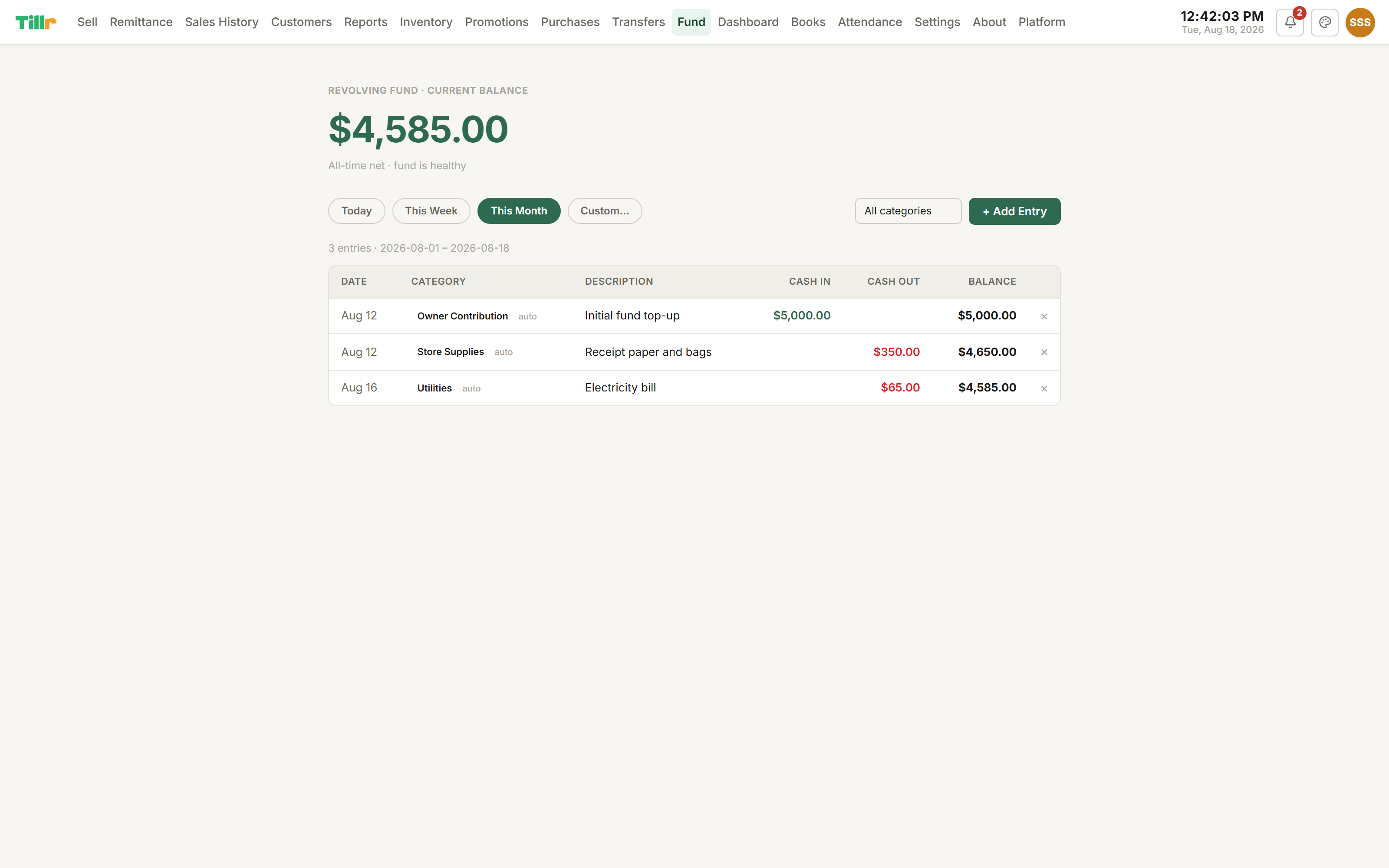 Tillr's Fund page showing cash float balance and top-up history
