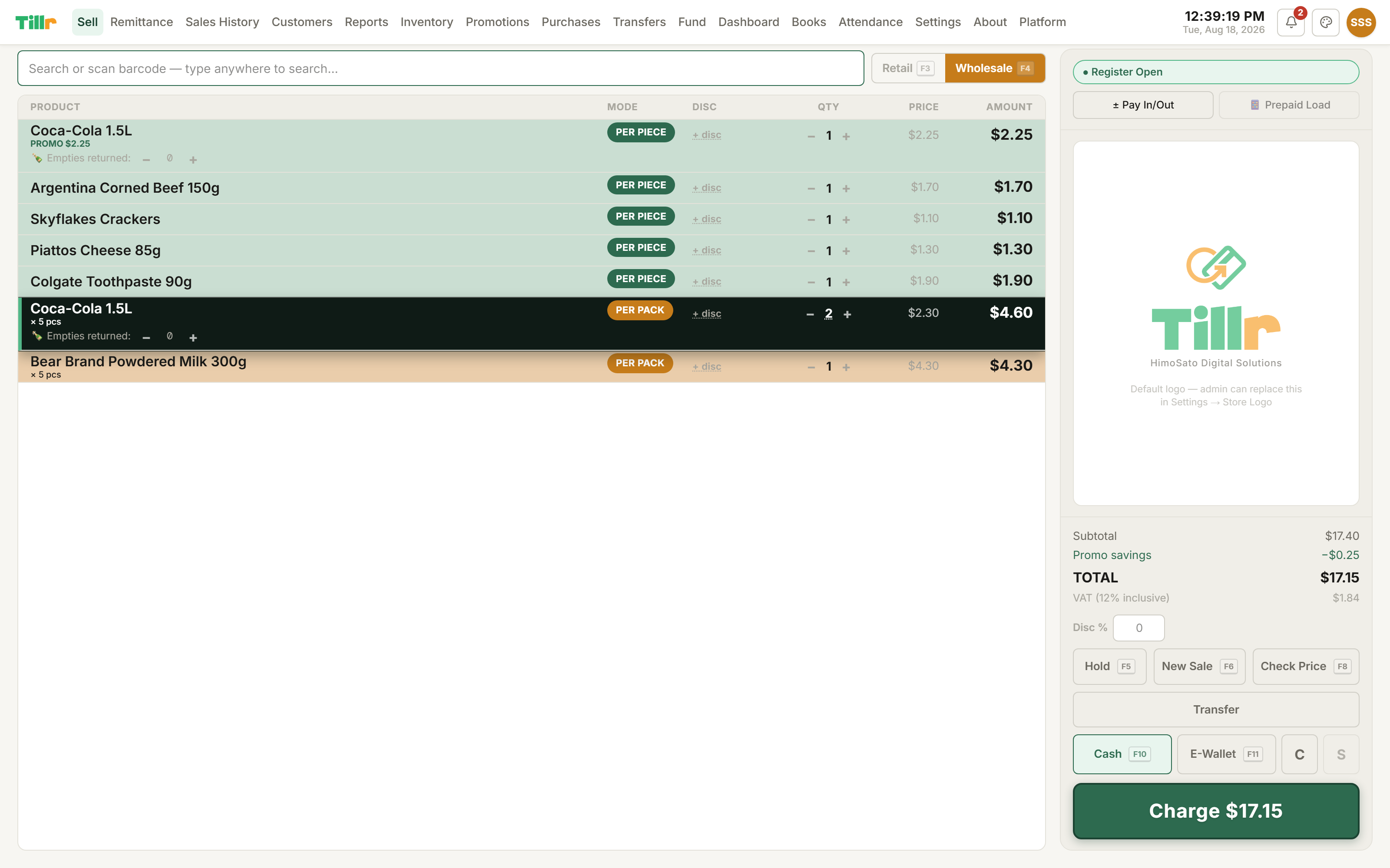 A wholesale cart line in Tillr with an editable quantity field for selling a fraction of a pack