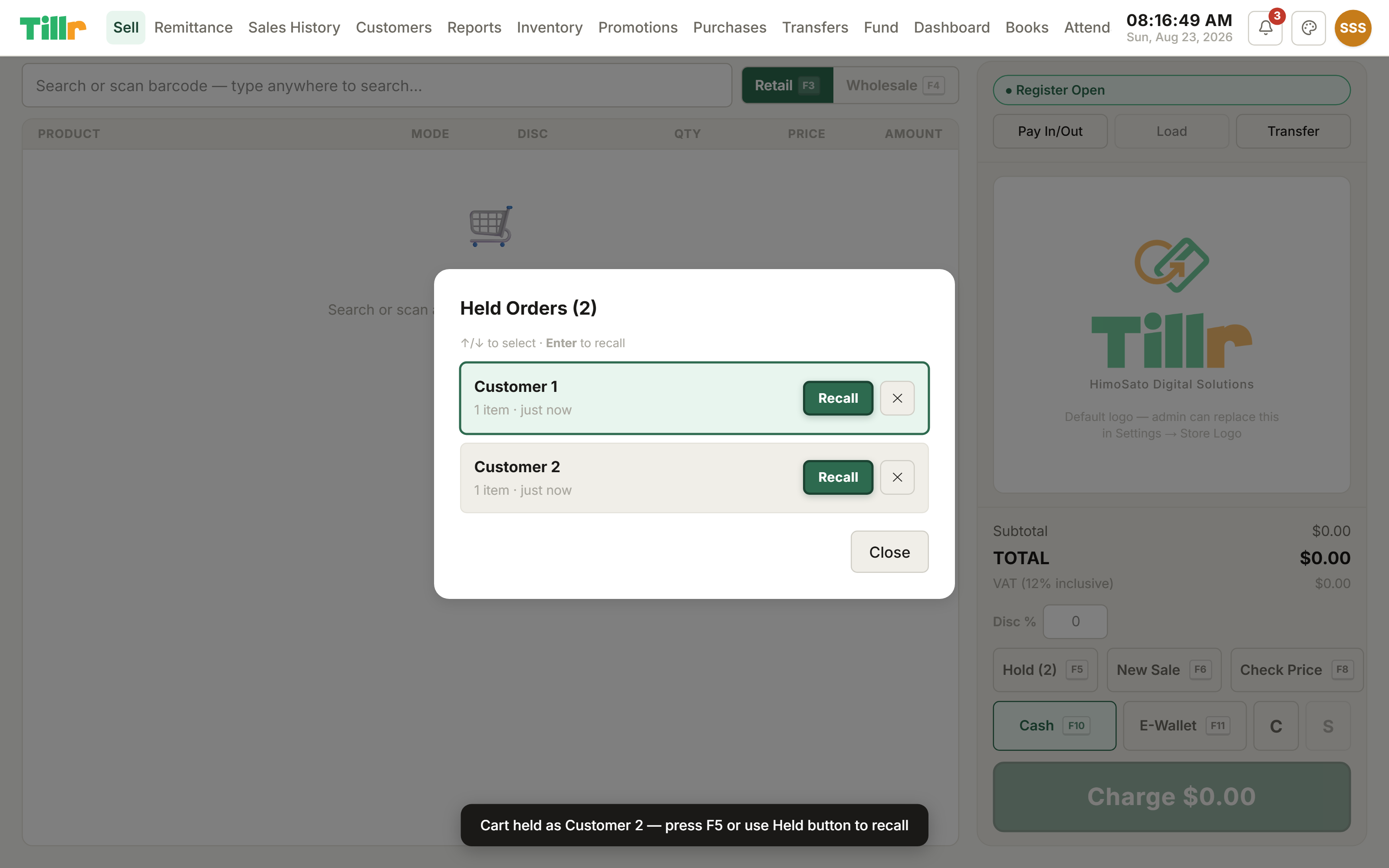 Tillr's Held Orders list showing two parked sales, each with a Recall button