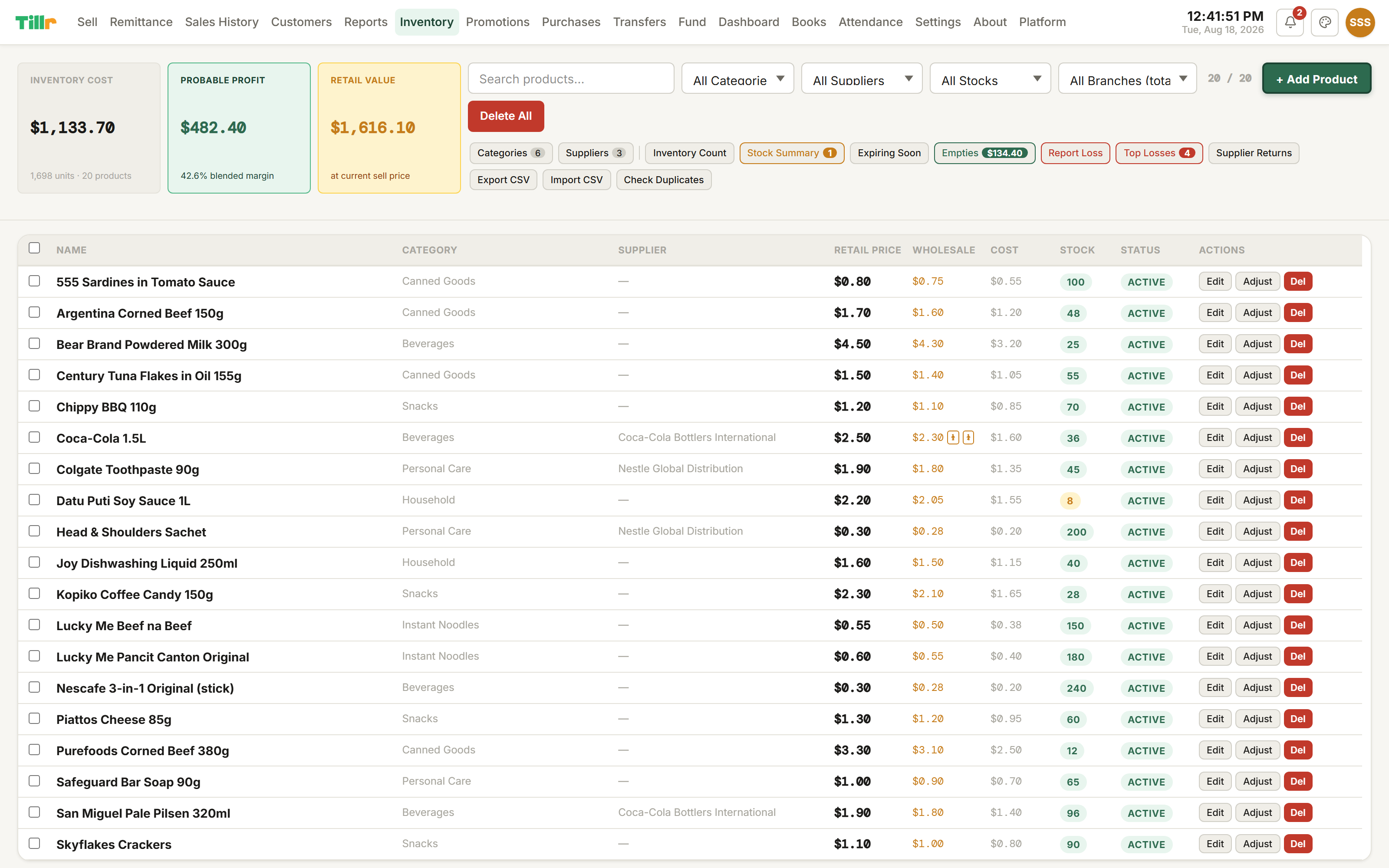 Tillr's Inventory page: retail products with retail price, wholesale price, cost, and stock counts, plus blended margin computed automatically
