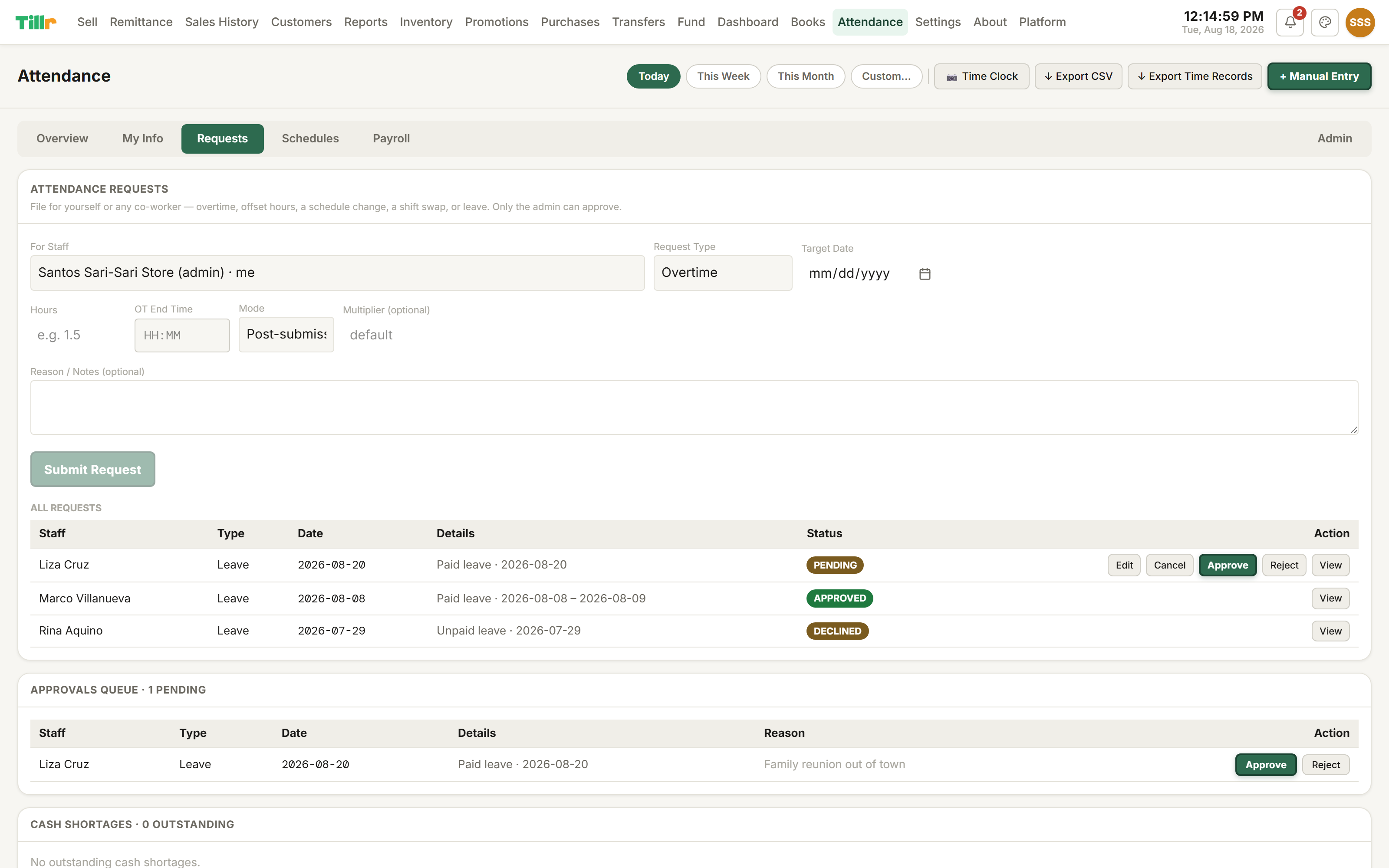 Tillr's Attendance Requests tab for approving or declining leave requests