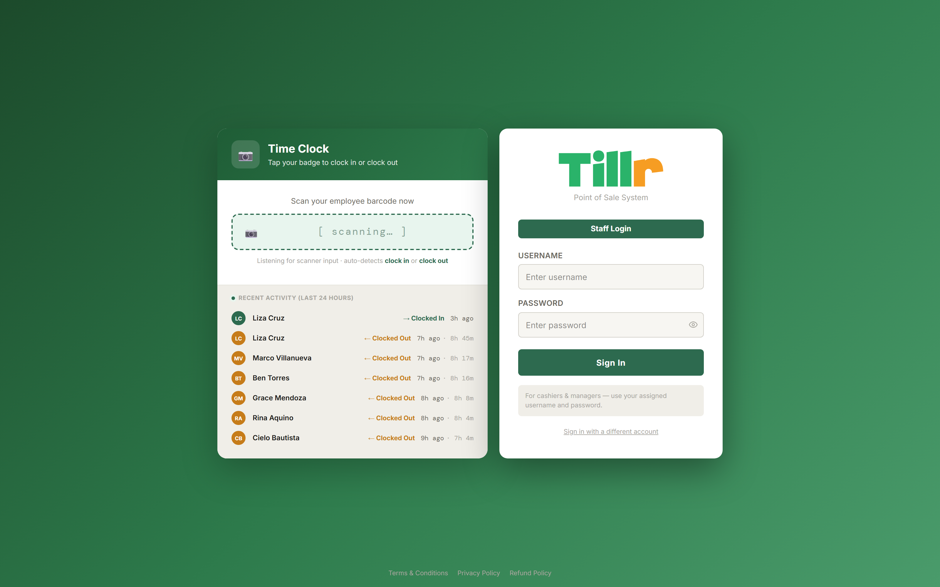 Tillr's login screen with username and password fields