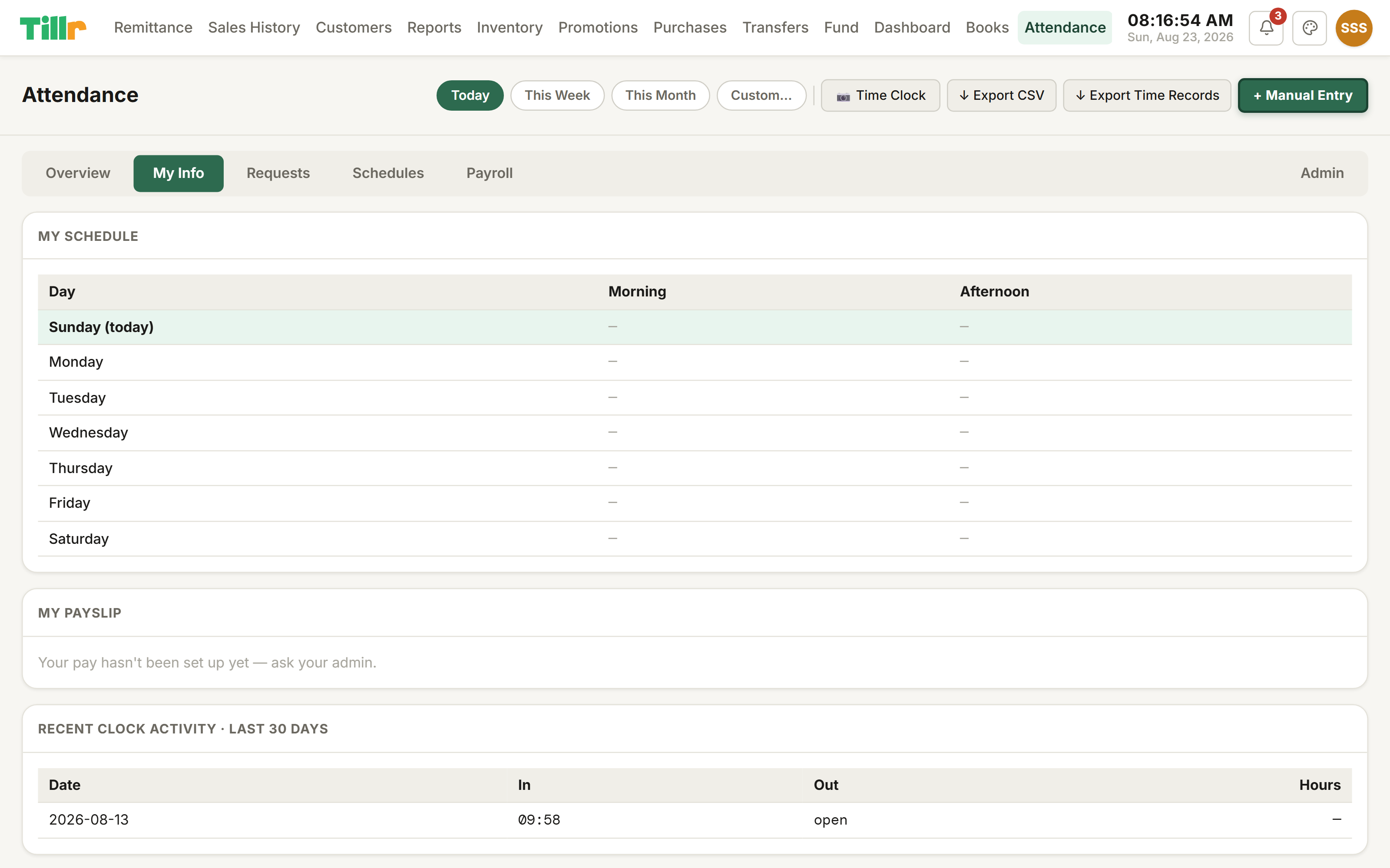 Tillr's My Info tab showing a personal weekly schedule, a payslip panel, and recent clock activity