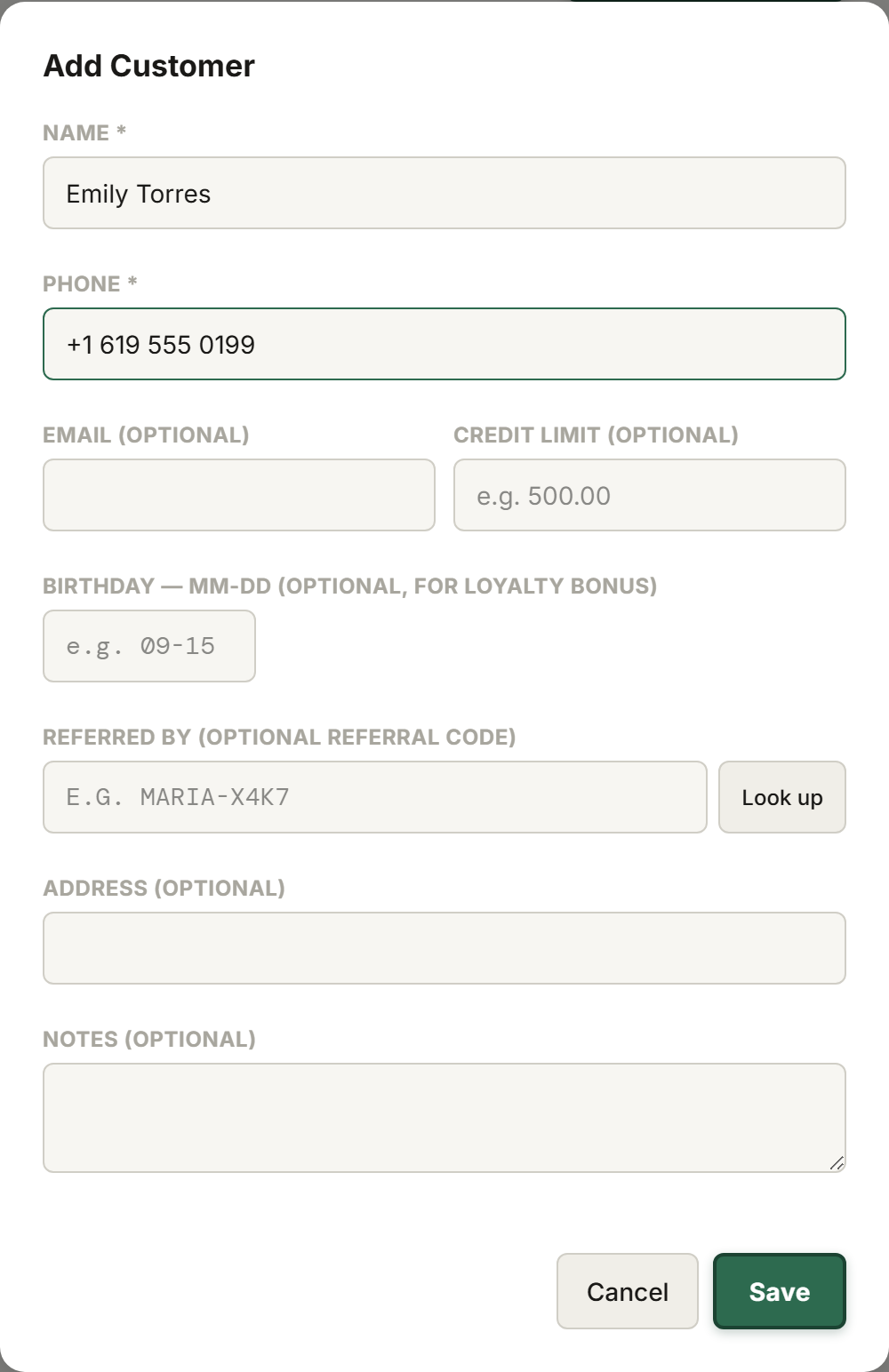 Tillr's Add Customer form with name, phone, email, and address fields