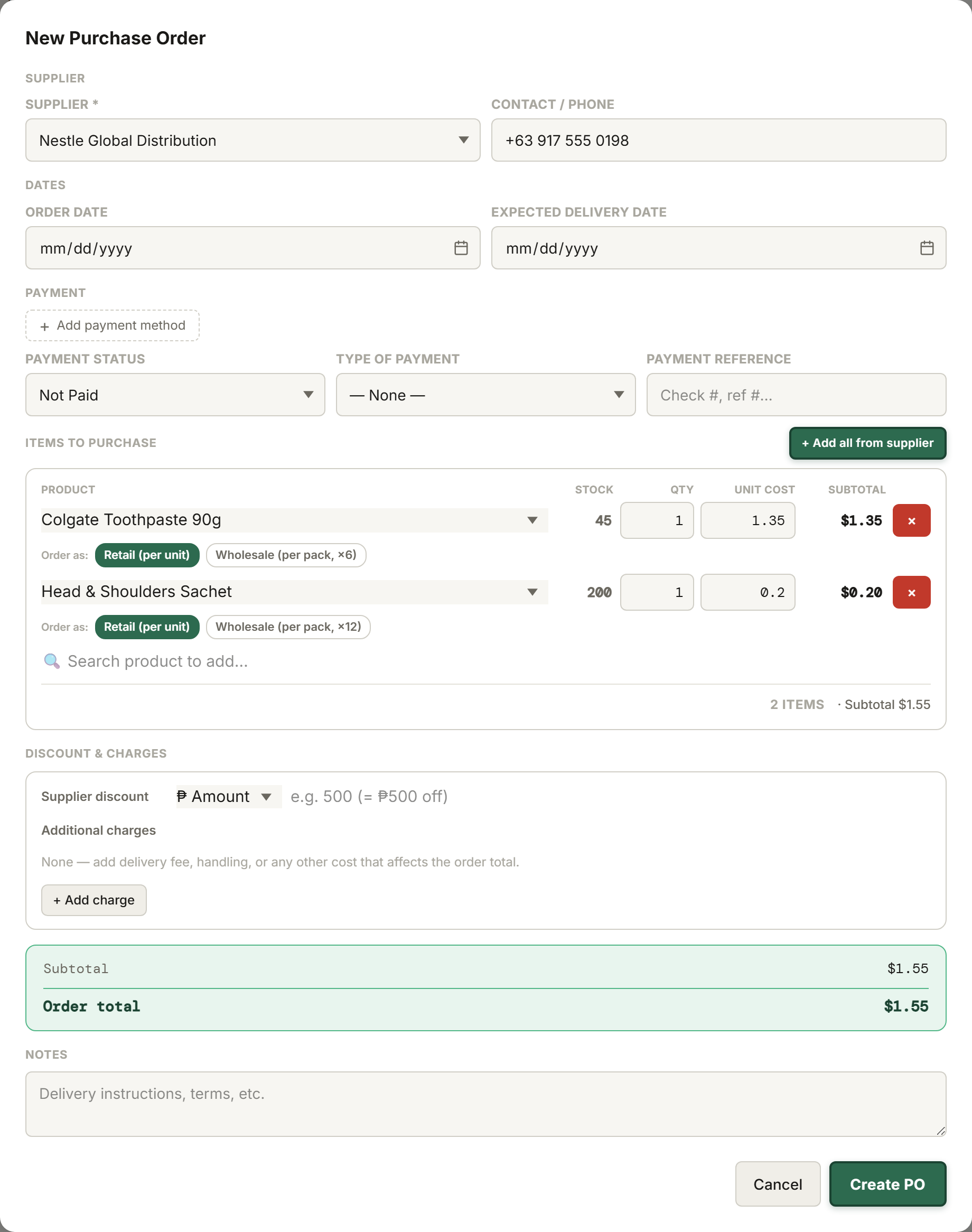 Tillr's New Purchase Order form with supplier, line items, and cost totals