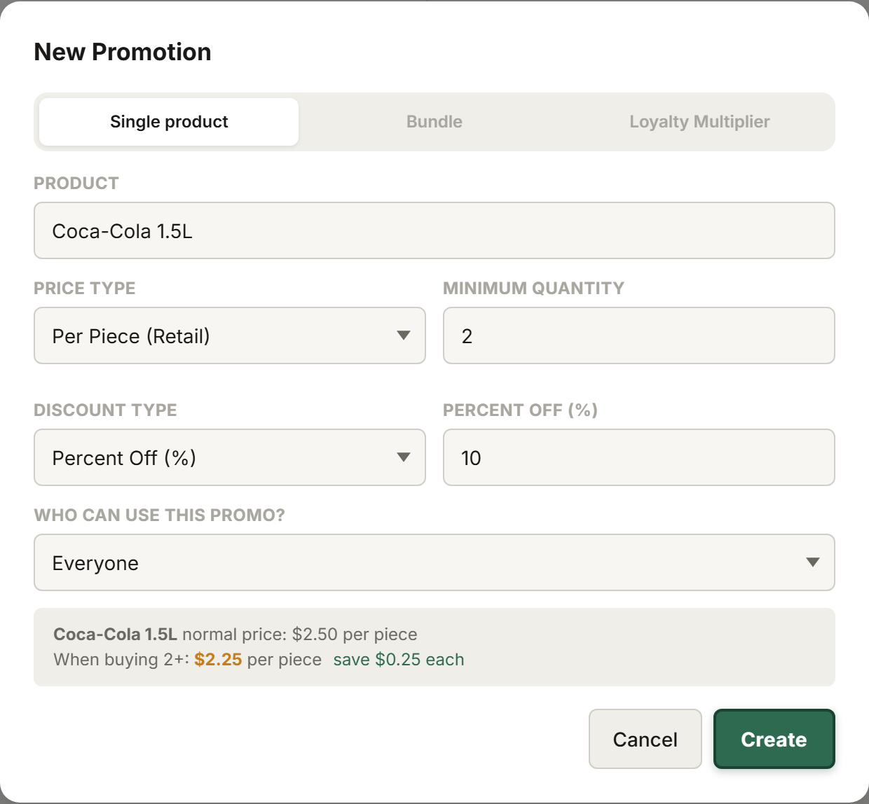 Tillr's New Promotion form with discount type, value, and eligible products