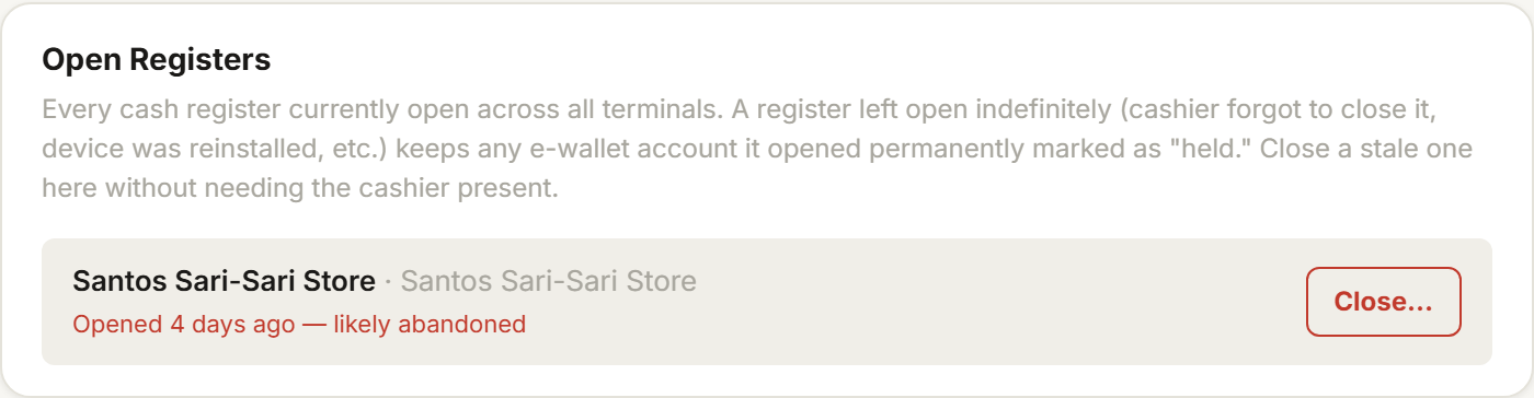 Tillr's Open Registers panel in Settings, listing every register currently open across the store