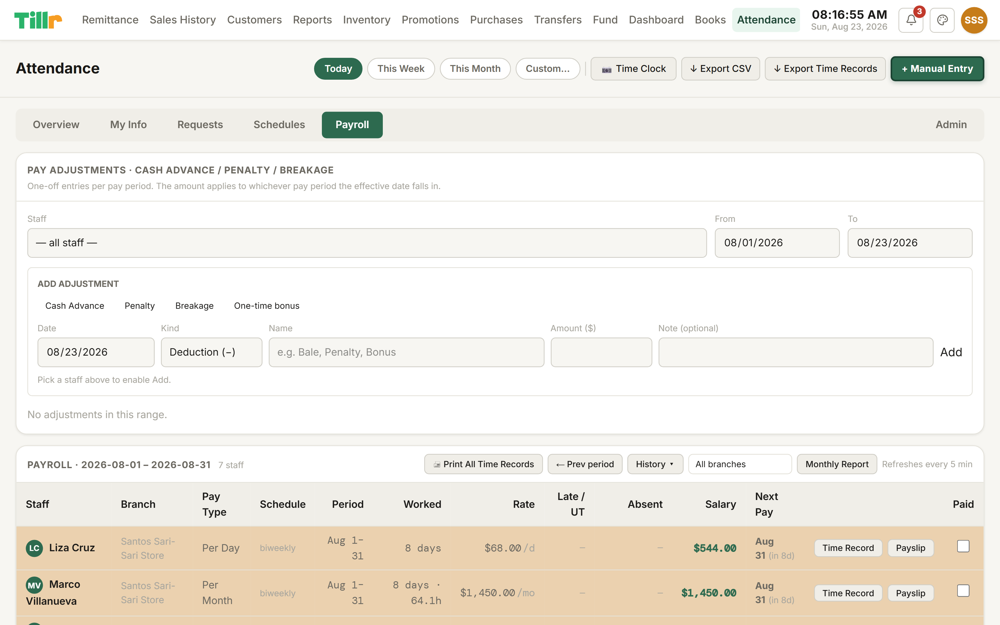 Tillr's Payroll tab showing gross pay computed from clocked hours per staff member