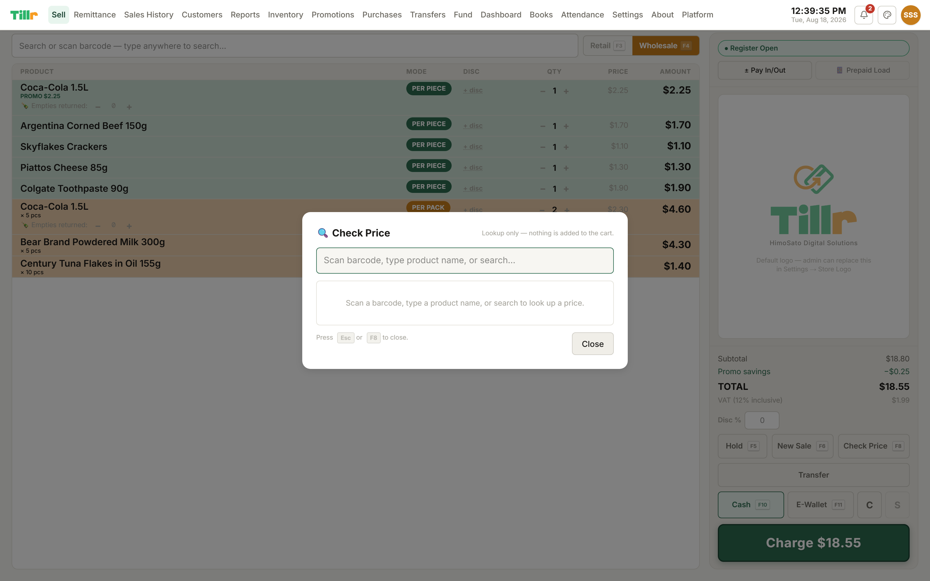 Tillr's F8 price-check overlay showing a product's price and current stock