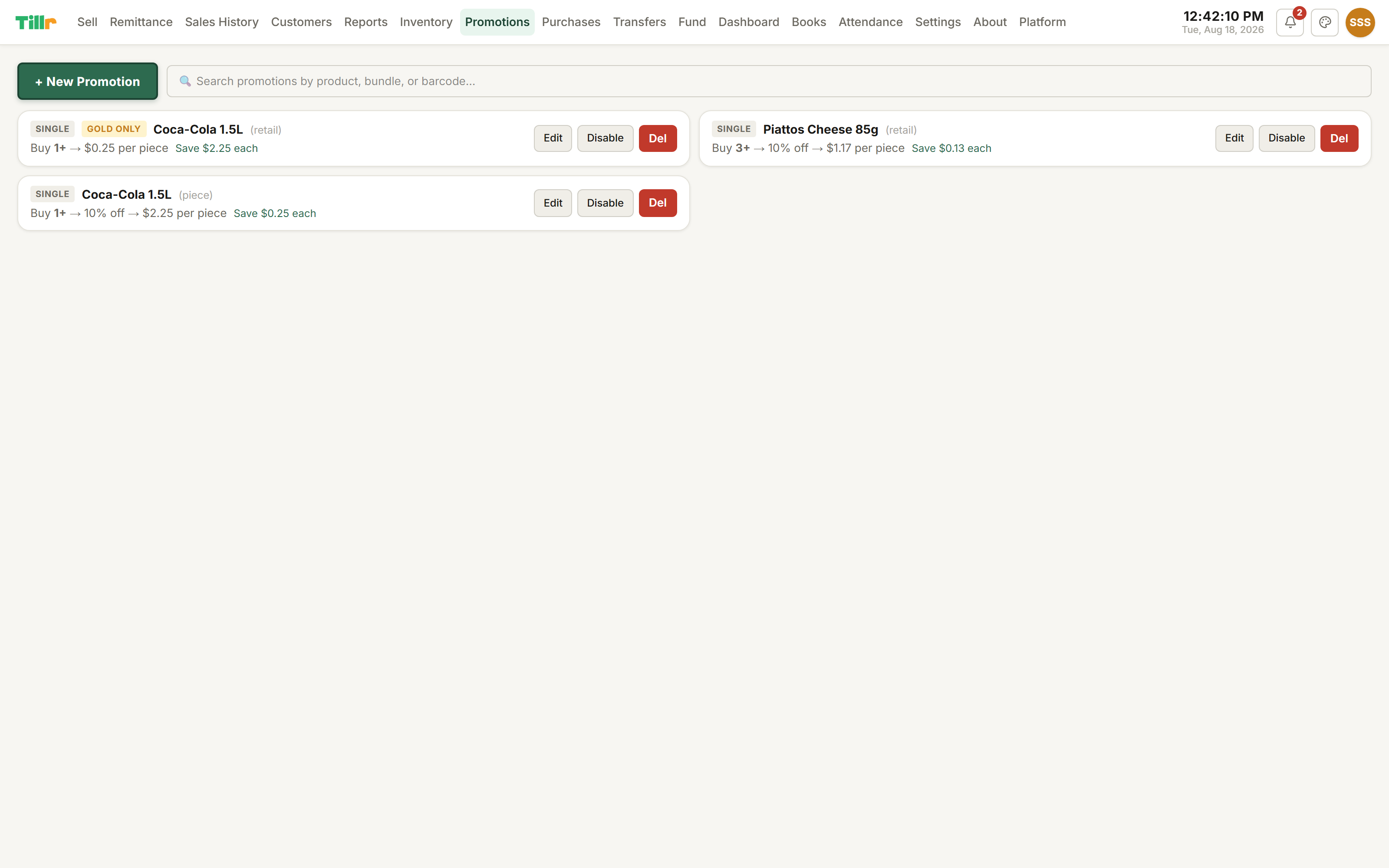 Tillr's Promotions page listing active discounts and bundles