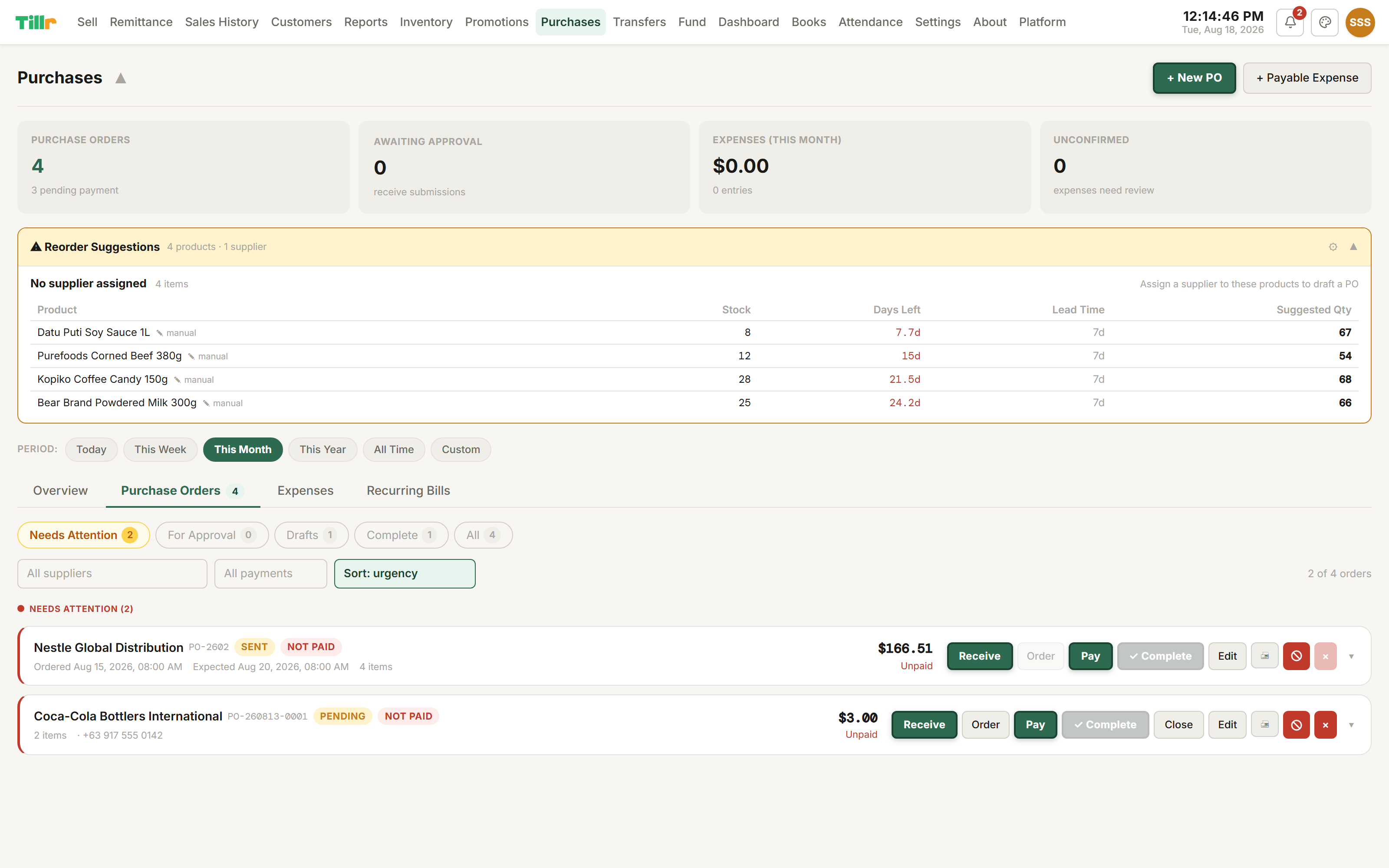 Tillr's Purchases page with a Reorder Suggestions panel showing two products approaching their reorder point