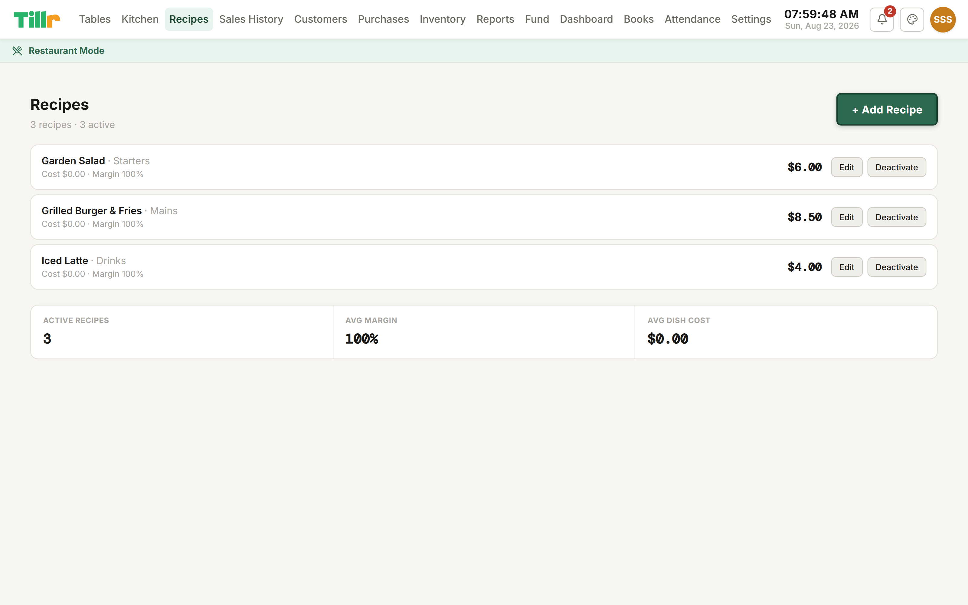 Tillr's Recipes page listing three menu items with their price, cost, and margin, plus Edit and Deactivate actions