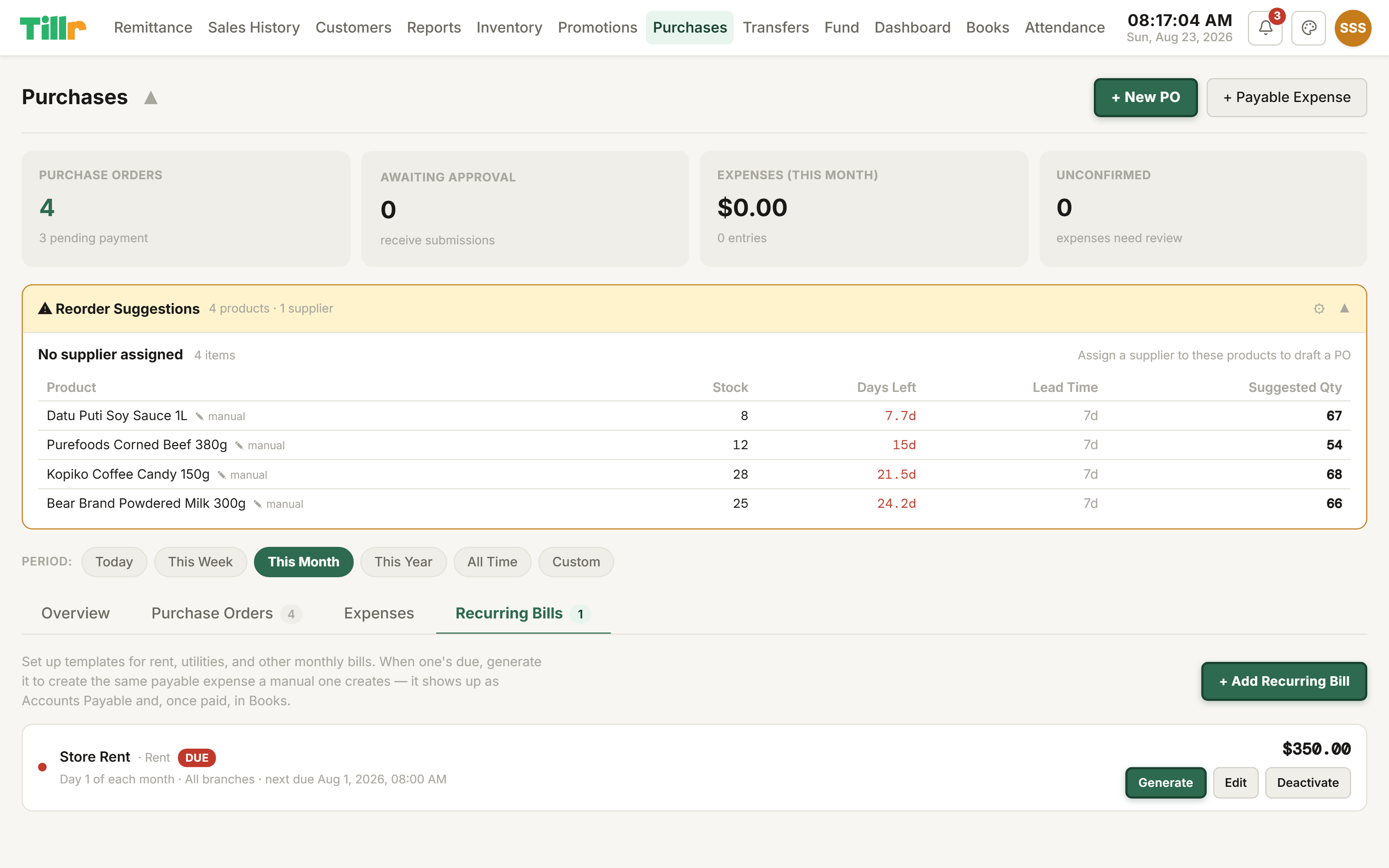 Tillr's Recurring Bills tab with a Store Rent bill flagged as due, showing a Generate button