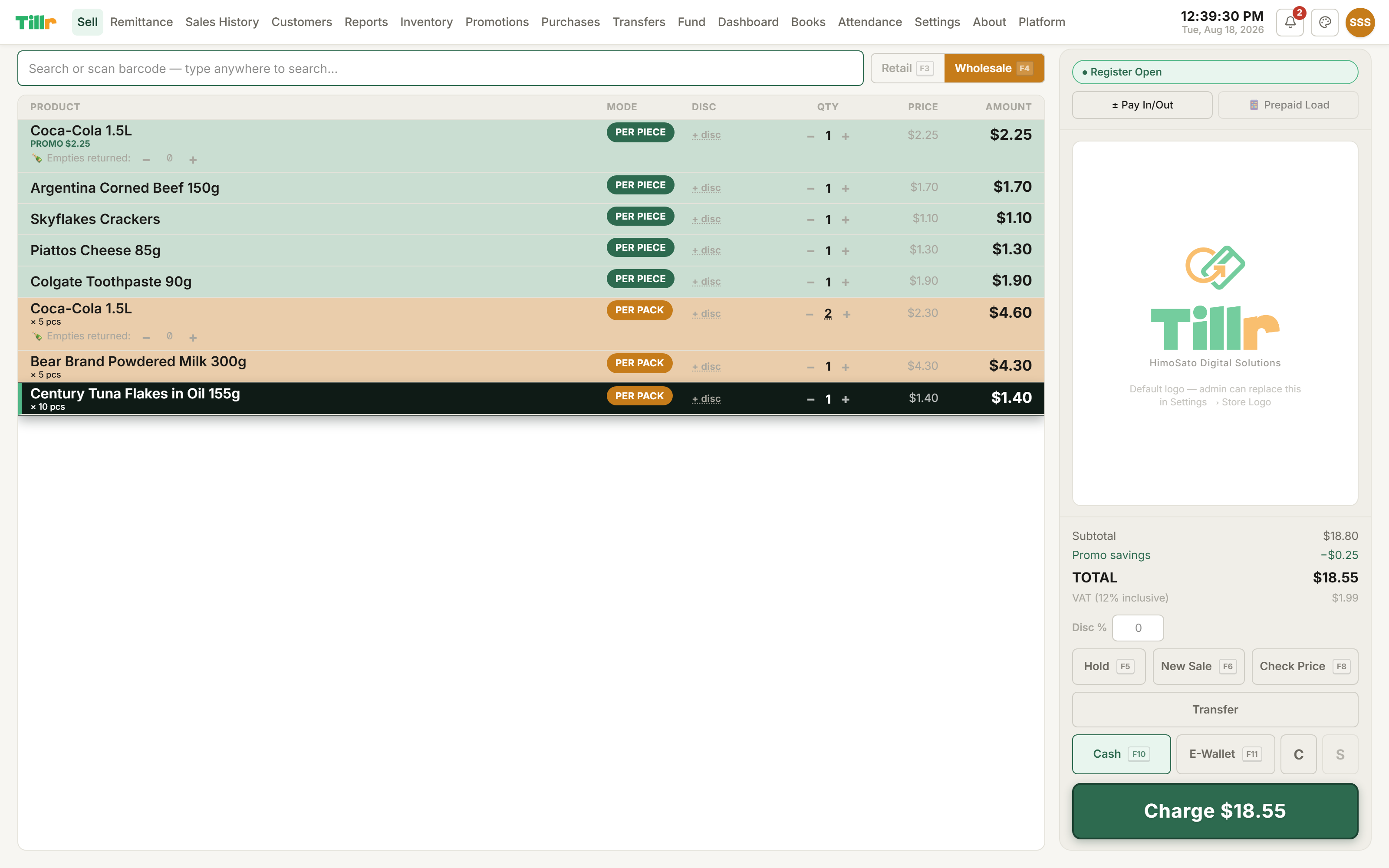 A cart line with a negative quantity showing a refund total and returned deposit