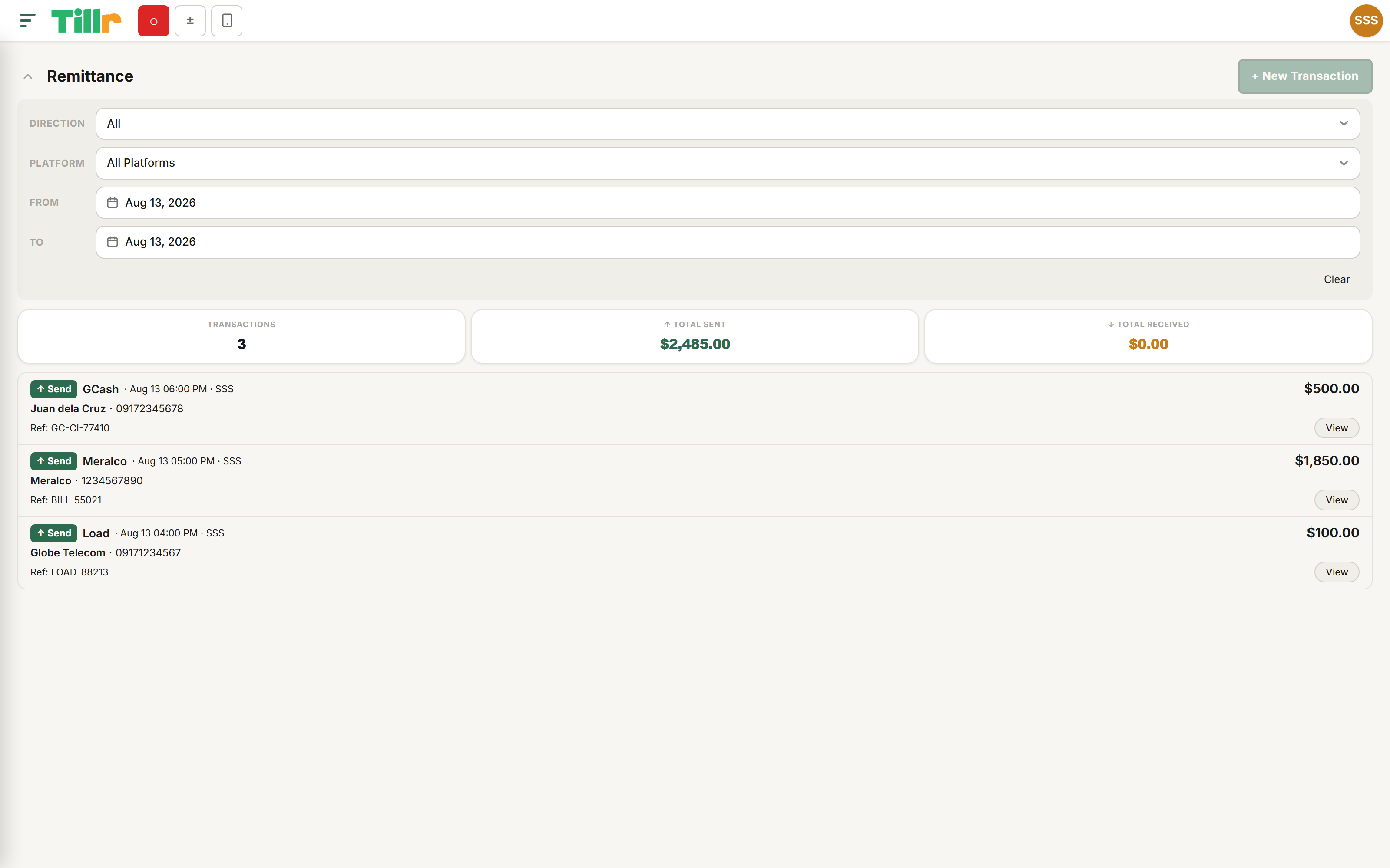 Tillr's Remittance page for e-load, bill payments, and e-wallet cash-in and cash-out