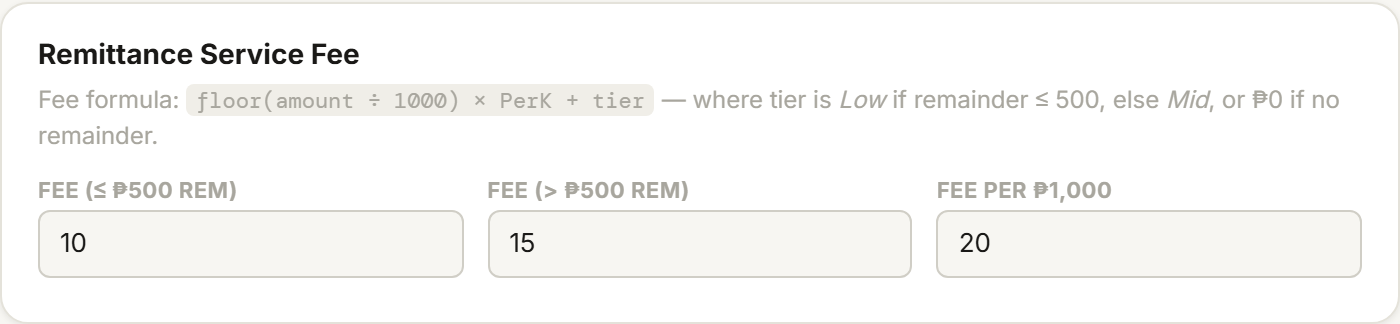Tillr's Remittance Service Fee settings panel with tiered fee amounts