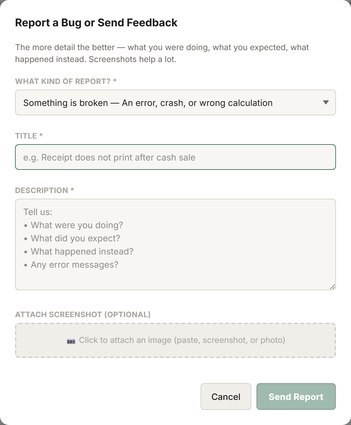 Tillr's Report a Bug or Send Feedback form with category, title, description, and screenshot fields