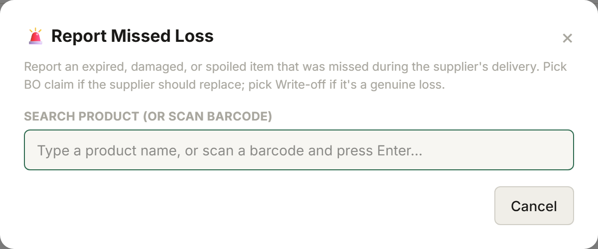 Tillr's Report Loss modal for logging a Bad Order claim or a straight write-off