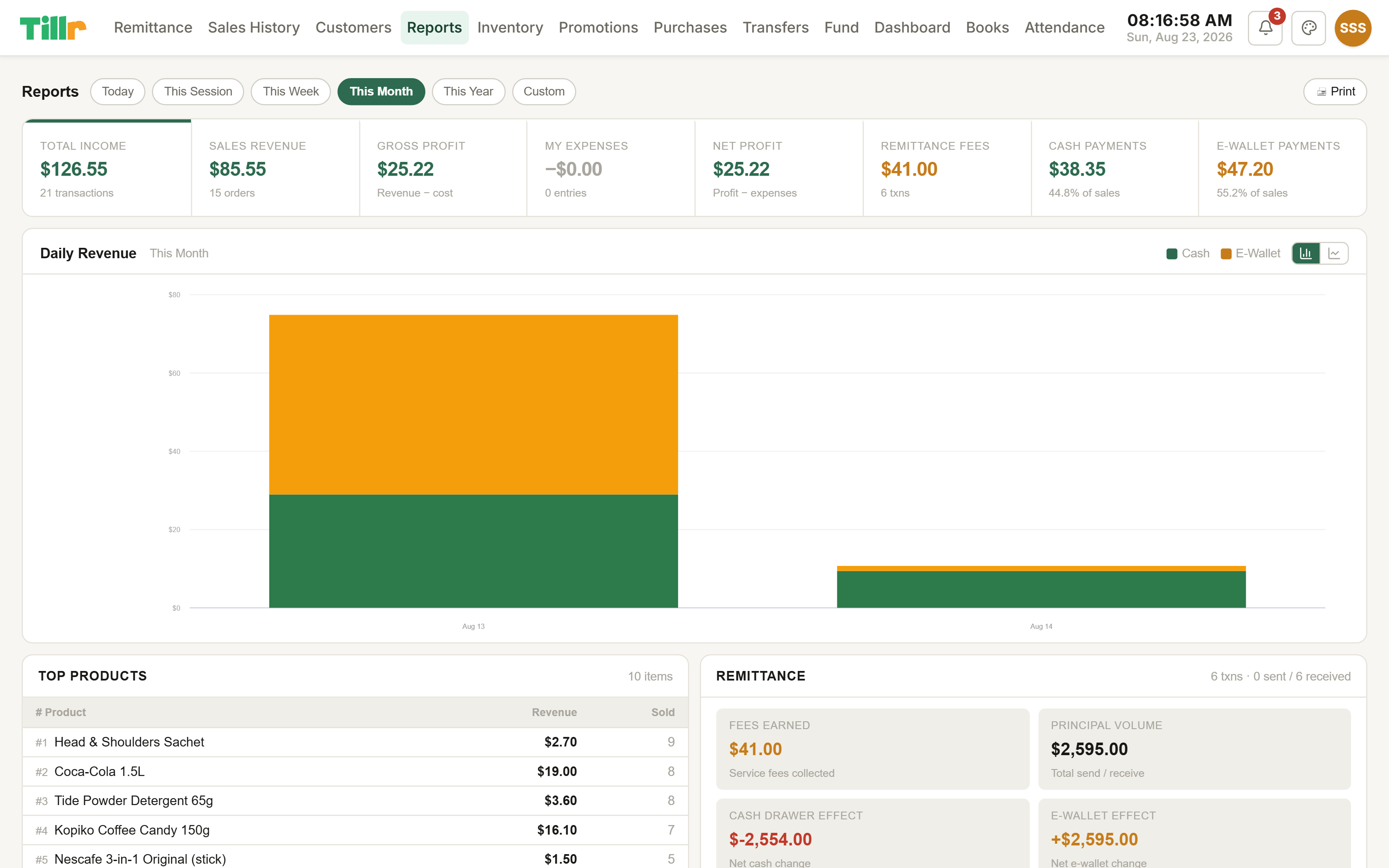 Tillr's Reports page with KPI tiles and a searchable transaction history