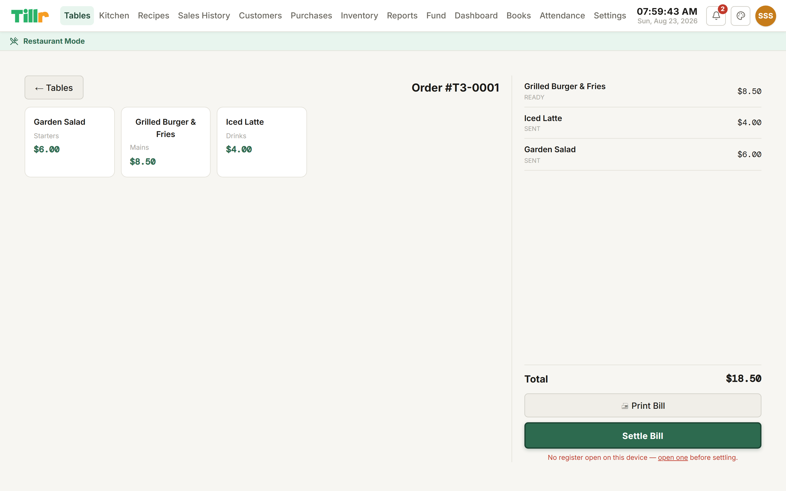 Tillr's Order Entry screen for a table, showing dishes sent to the kitchen with their status, a running total, and Print Bill / Settle Bill buttons