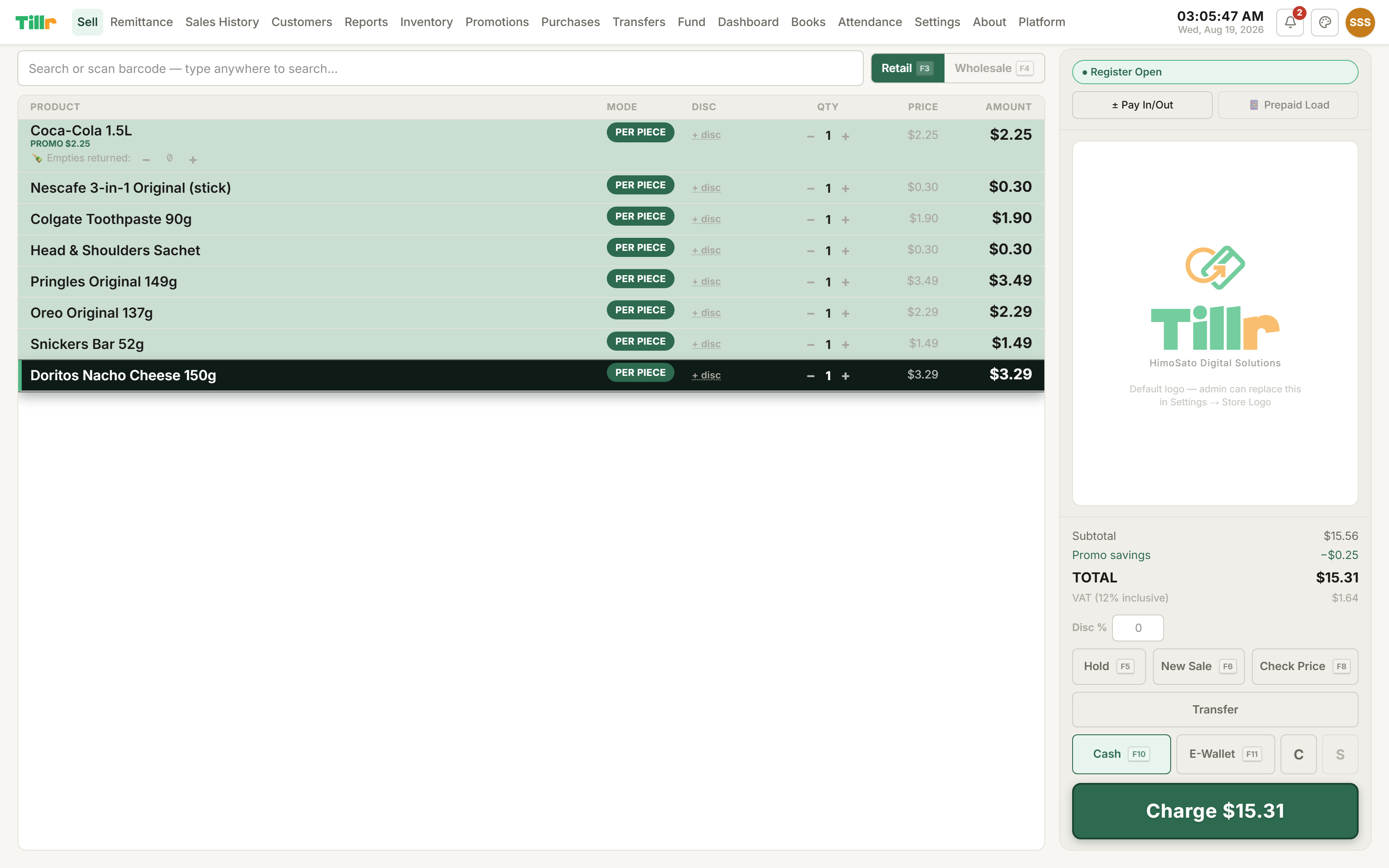 Tillr's Sell screen with a scanned cart, running total, and checkout button