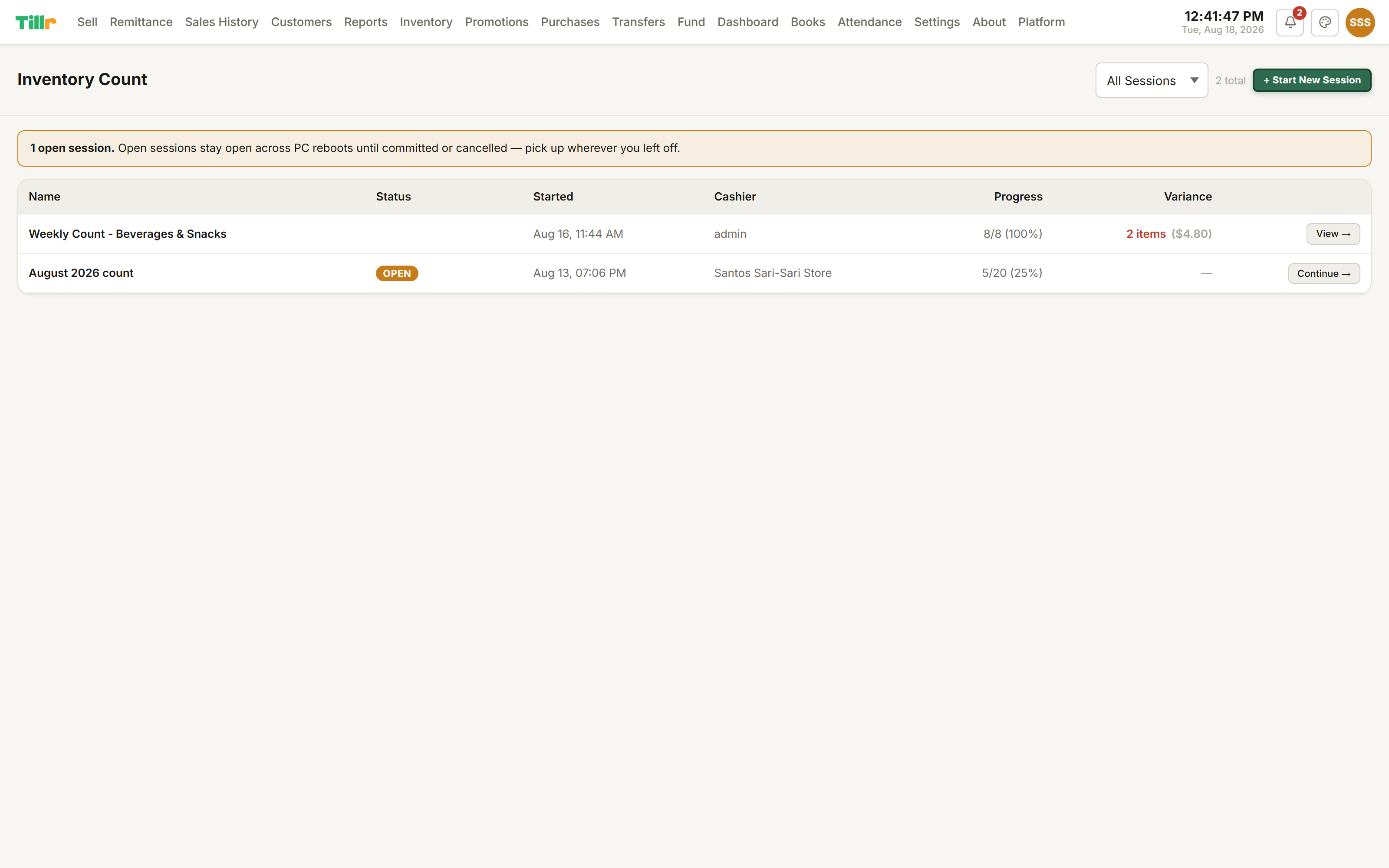 Tillr's Stock Take page for running a physical inventory count