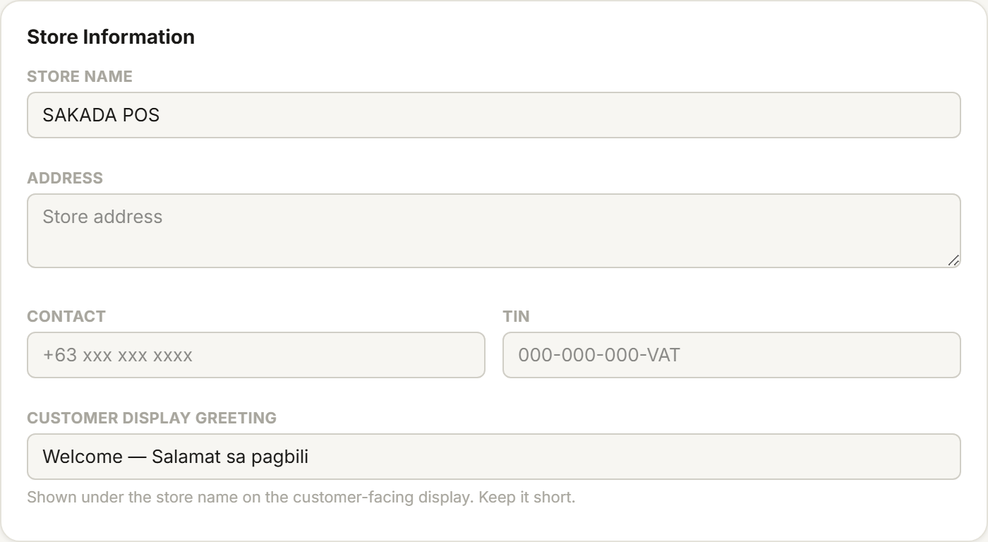 Tillr's Store Information settings panel with business name, address, logo, and currency fields
