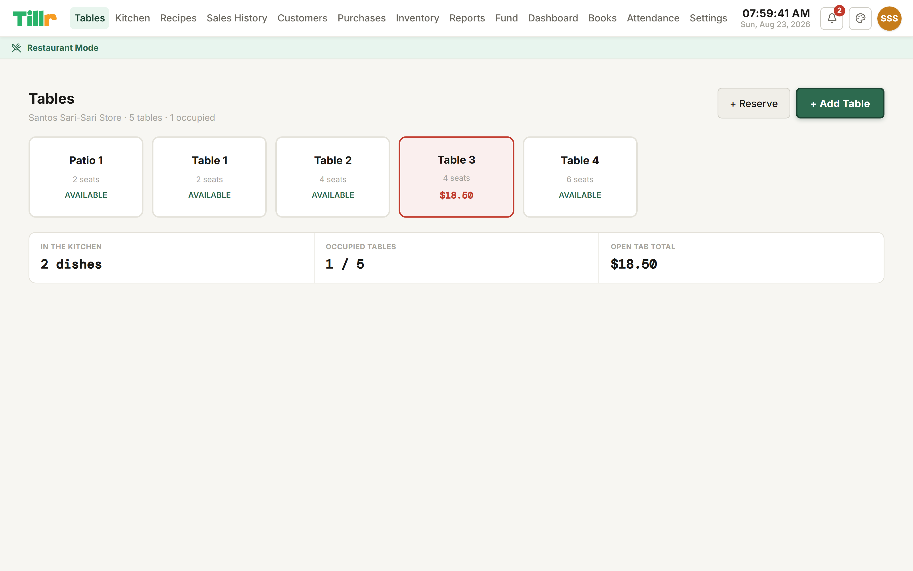 Tillr's Tables screen showing a floor plan with one occupied table in red and the rest available in green