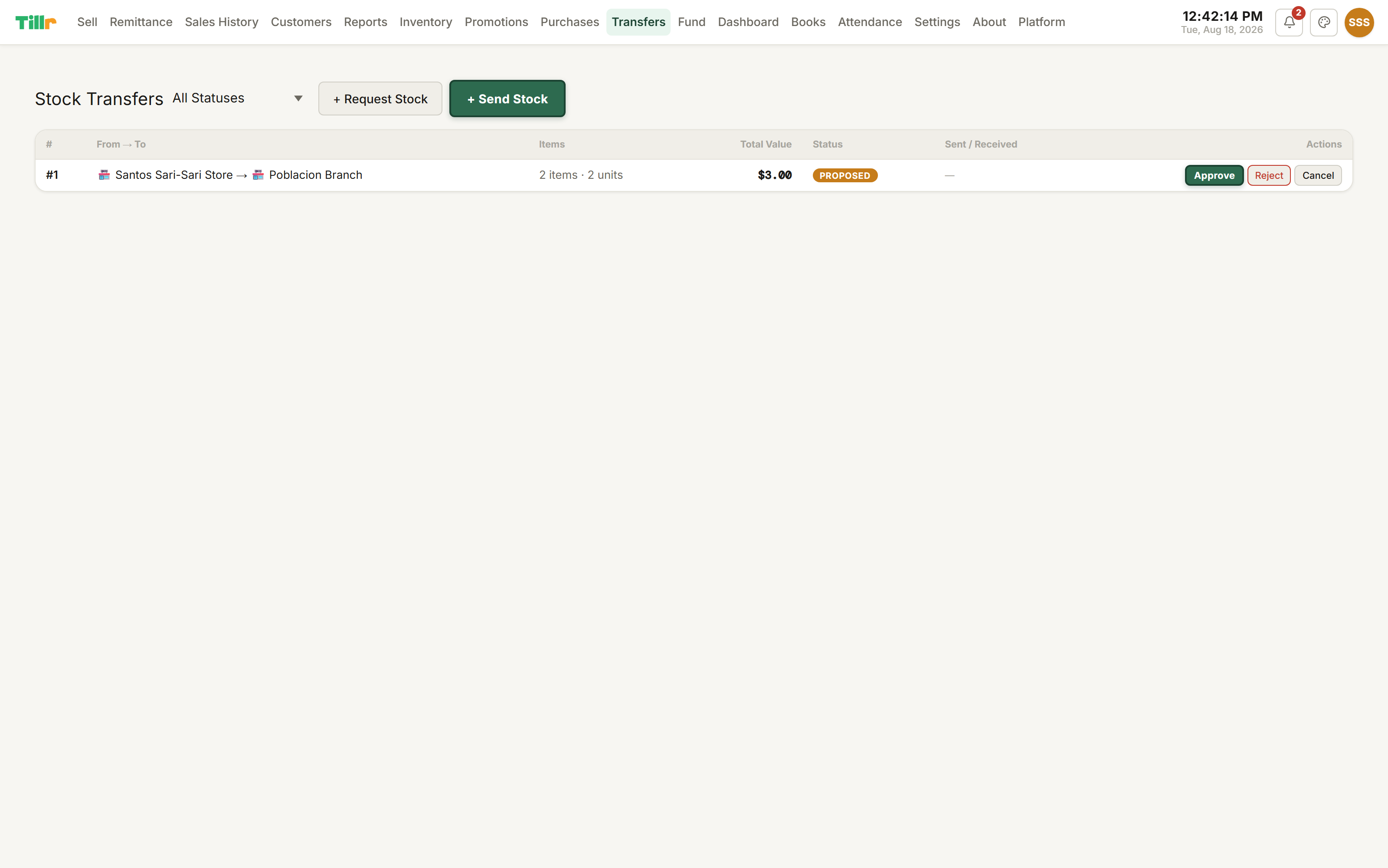 Tillr's Transfers page for moving stock between branches