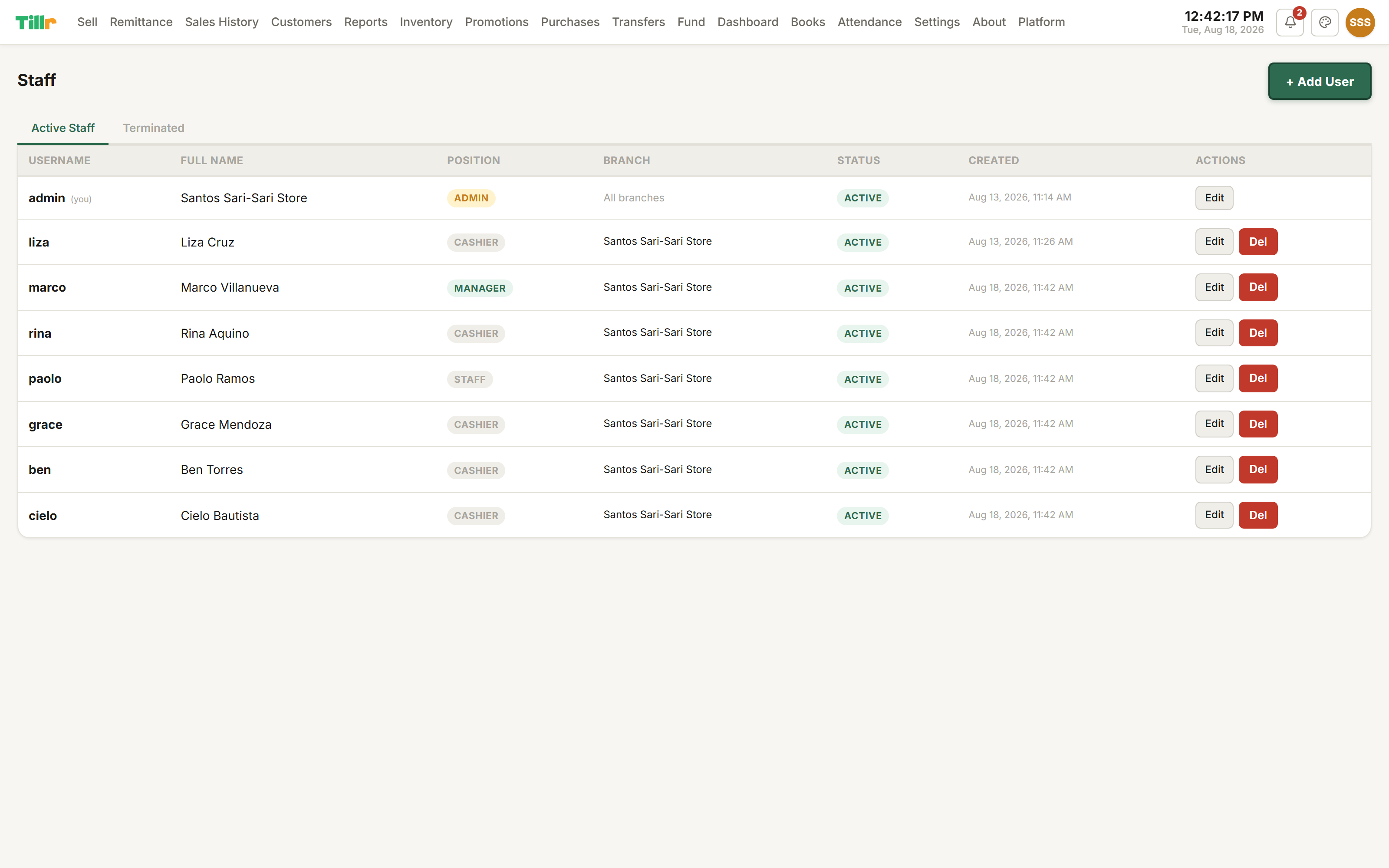 The Staff page in Tillr, listing every user with their position, branch, and status