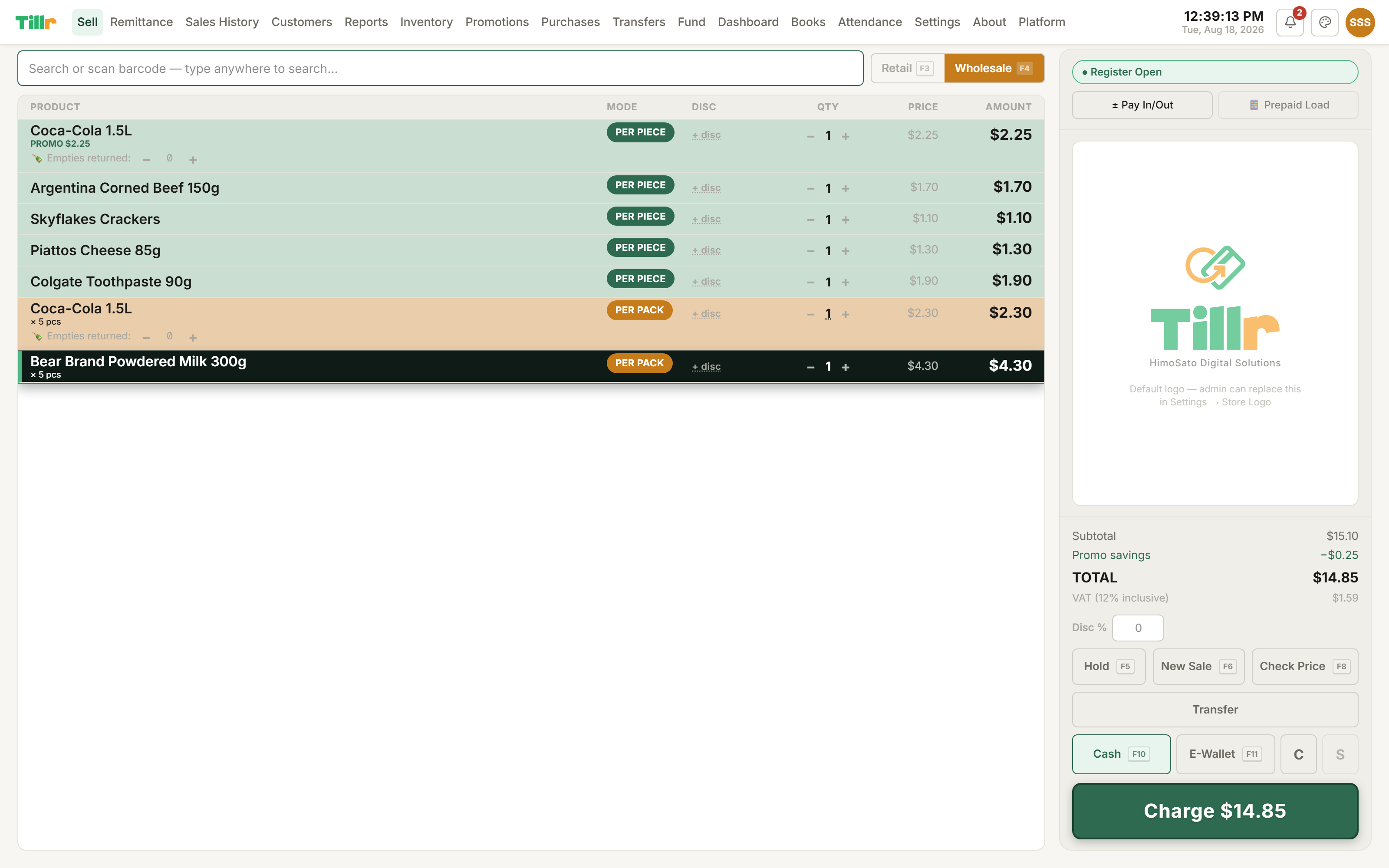 Tillr's Sell screen in Wholesale mode, with wholesale-priced cart lines tinted amber and marked PER PACK